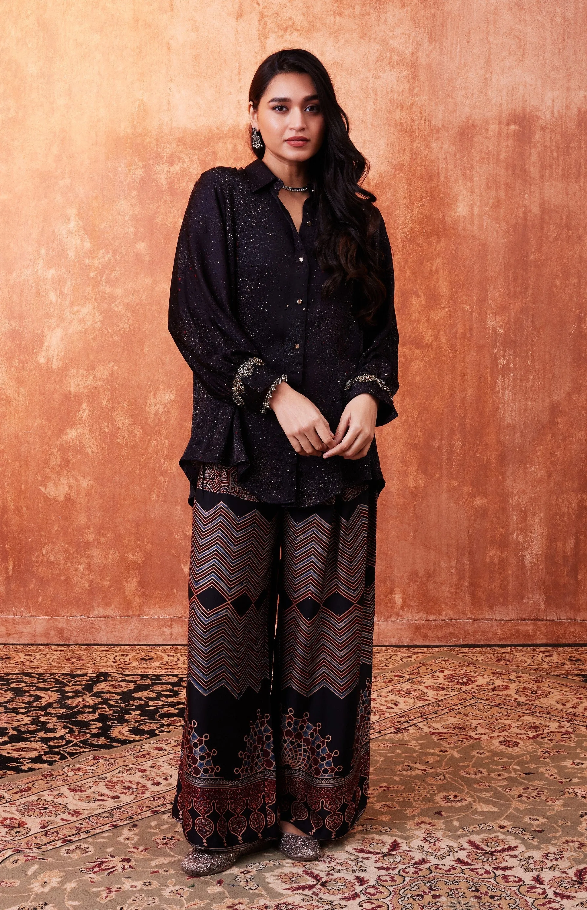 Black Ajrakh Printed Habutai Silk Co-Ord Set