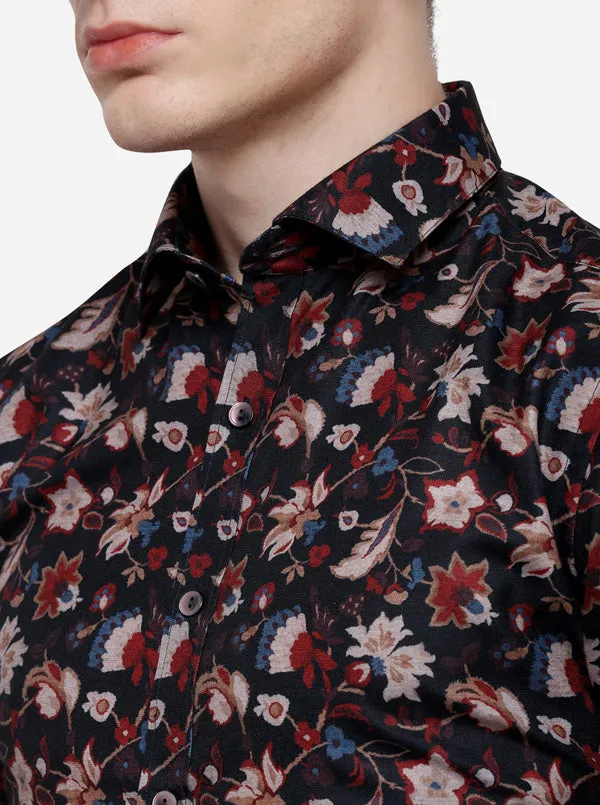 Black & Red Printed Slim Fit Party Wear Shirt | Wyre