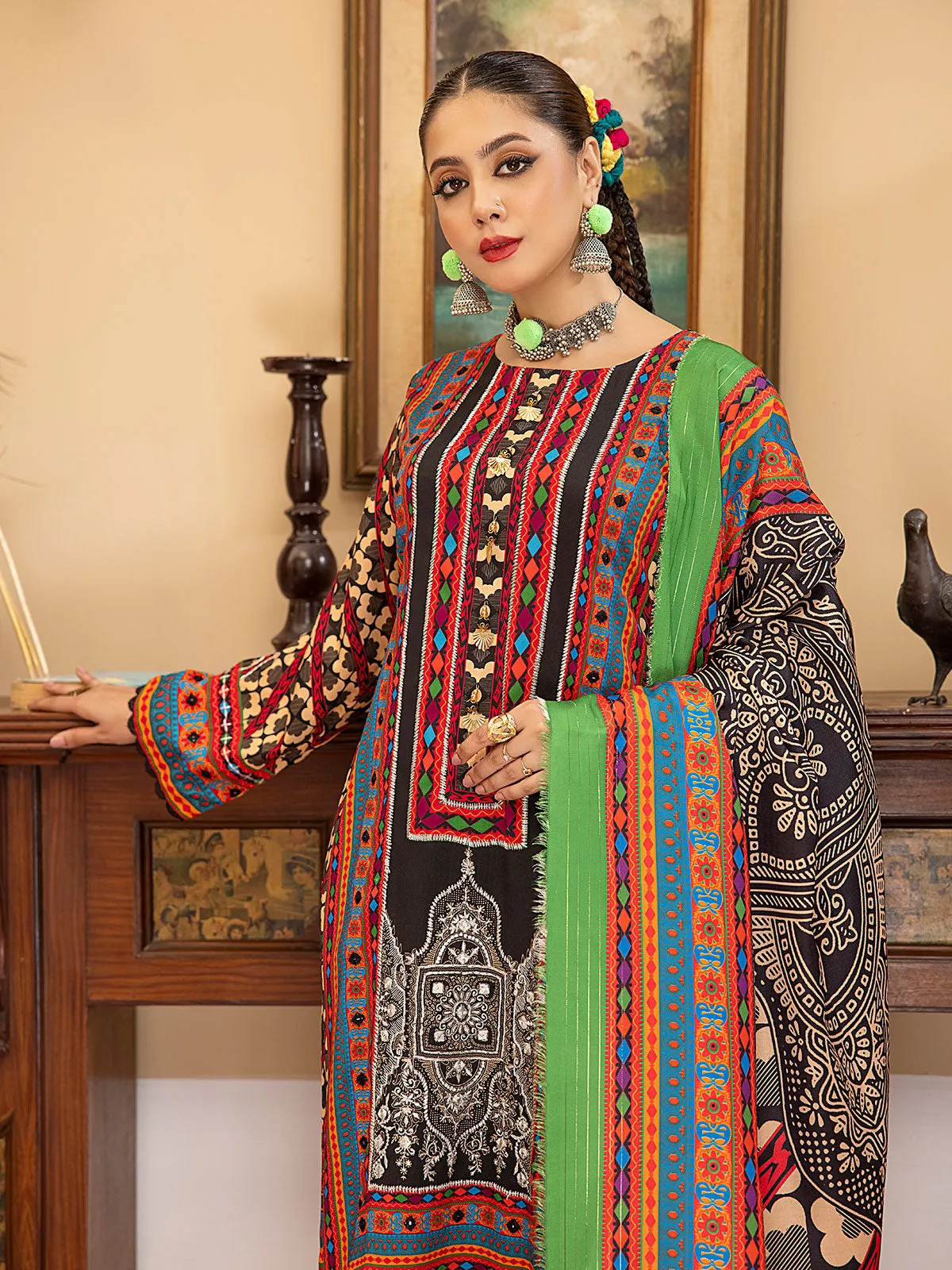 Black & Red Winter Dhanak Embroidered 3-Piece Suit