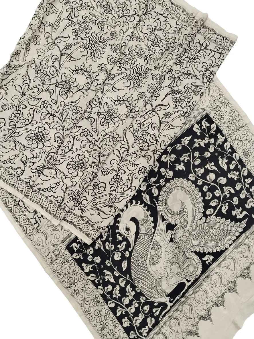 Black And White Hand Painted Kalamkari Chennur Silk Saree