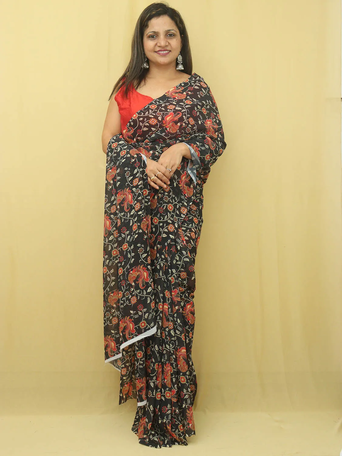 Black Digital Printed Georgette Floral Design Saree