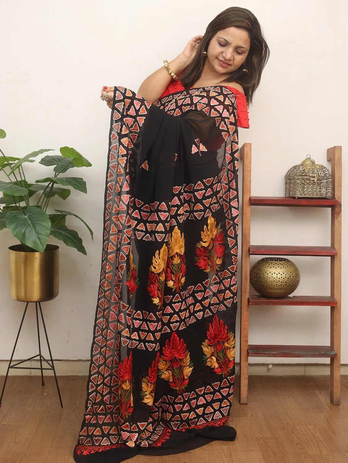 Black Embroidered Kashmiri Aari Work Georgette Saree