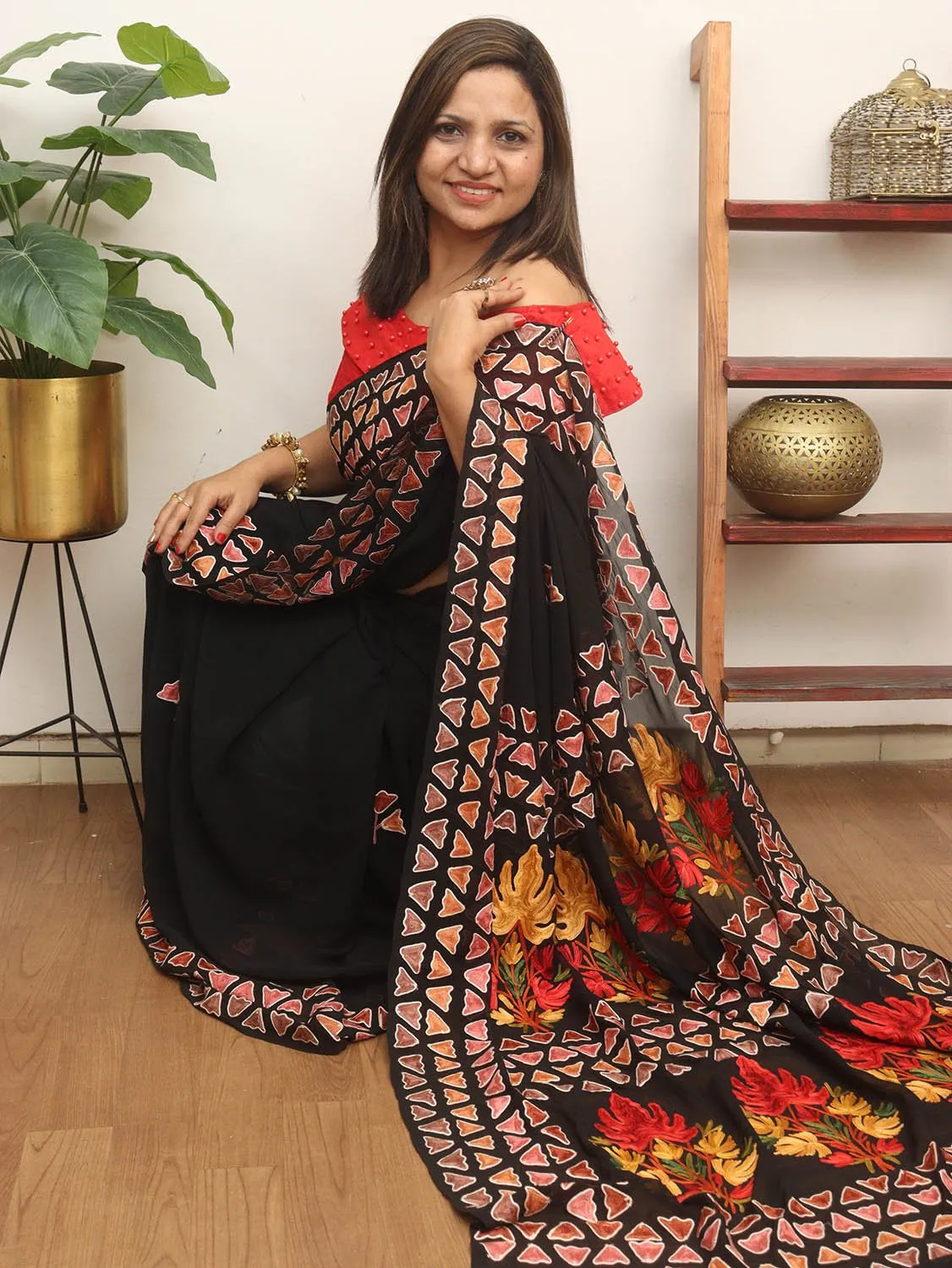 Black Embroidered Kashmiri Aari Work Georgette Saree