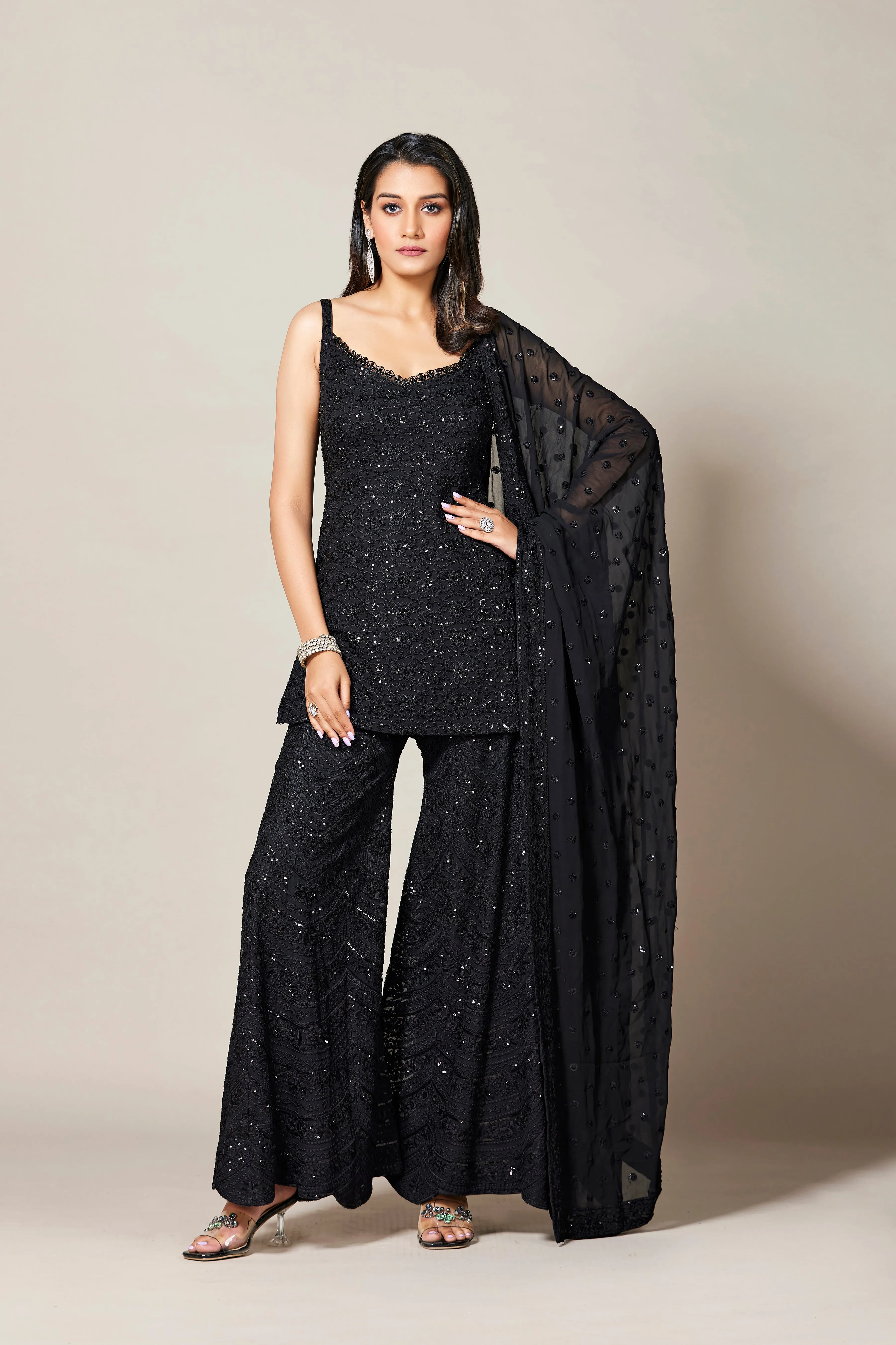 Black Embroidered Premium Georgette Silk Palazzo Set