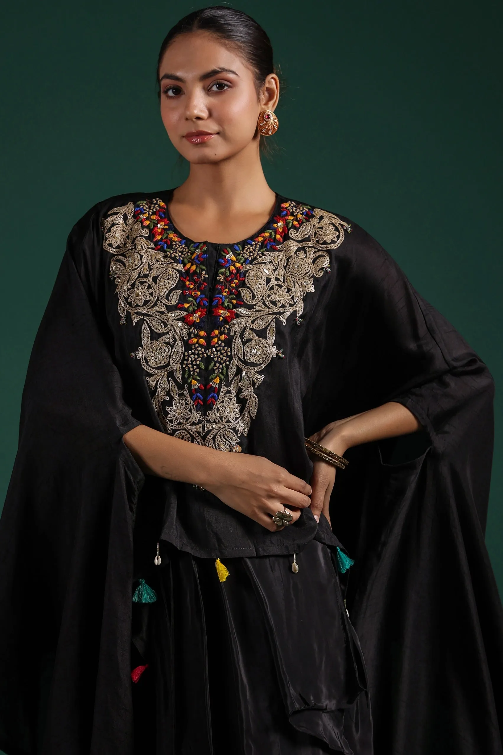 Black Embroidered Raw Silk Skirt Set