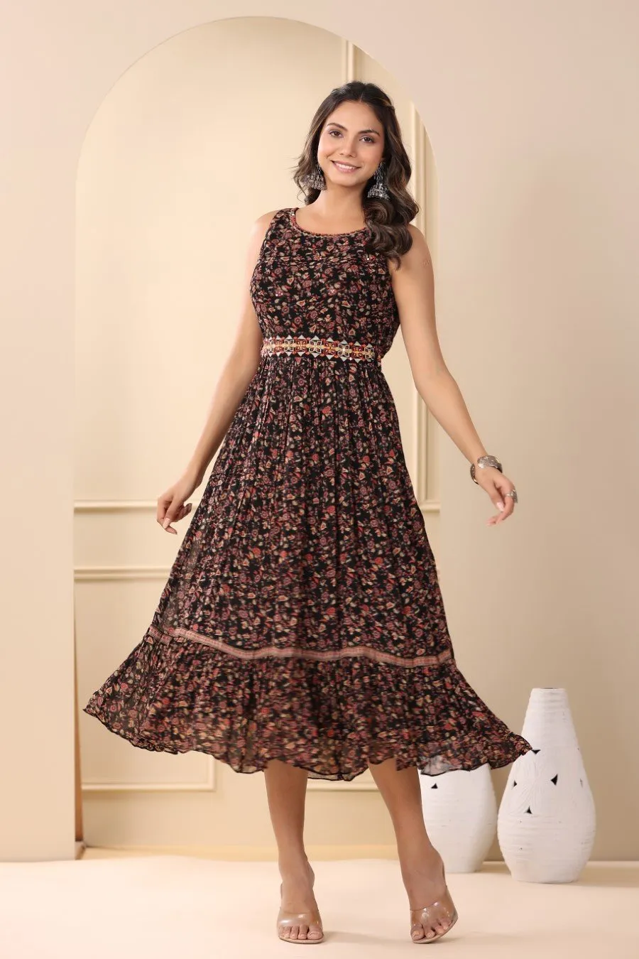 Black Floral Georgette Silk Dress