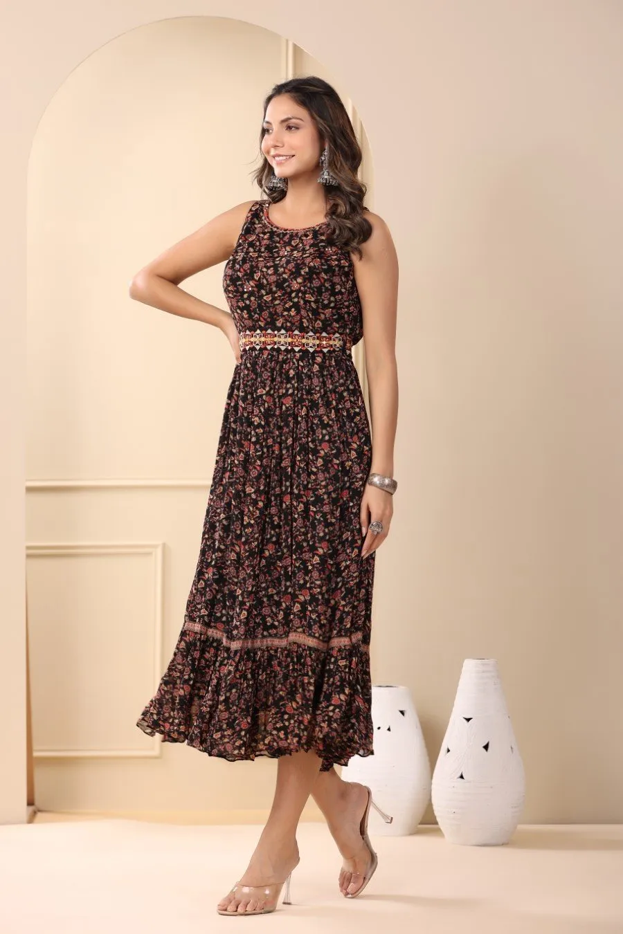 Black Floral Georgette Silk Dress