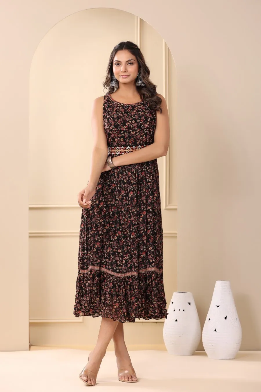 Black Floral Georgette Silk Dress