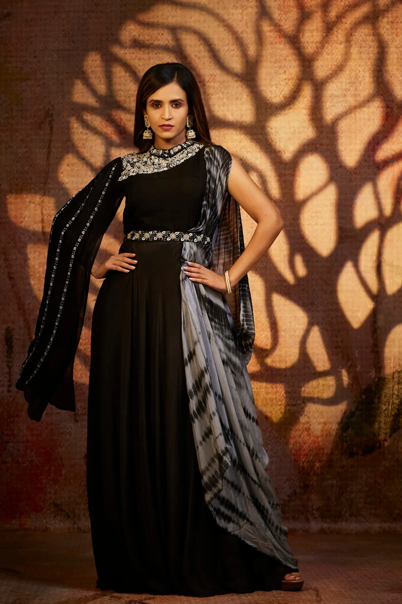 Black Hand Embroidered Crystal Georgette Flared Gown