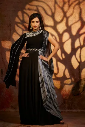 Black Hand Embroidered Crystal Georgette Flared Gown