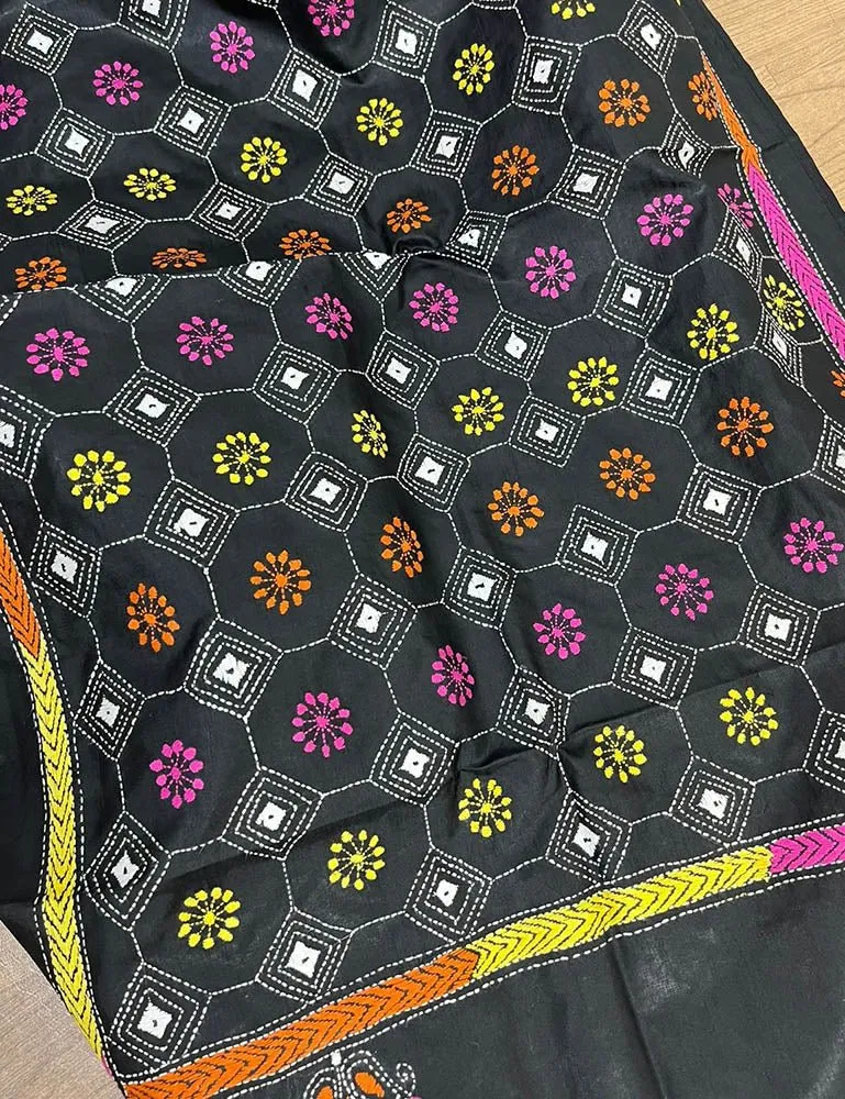 Black Hand Embroidered Kantha Pure Bangalore Silk Stole