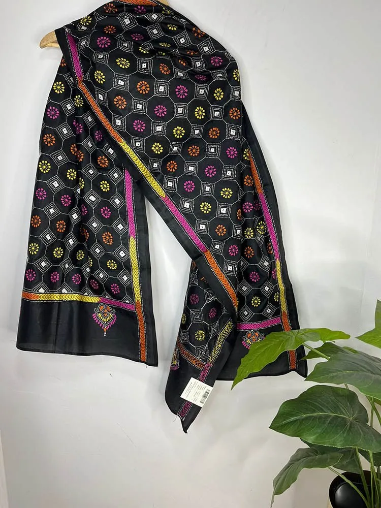 Black Hand Embroidered Kantha Pure Bangalore Silk Stole