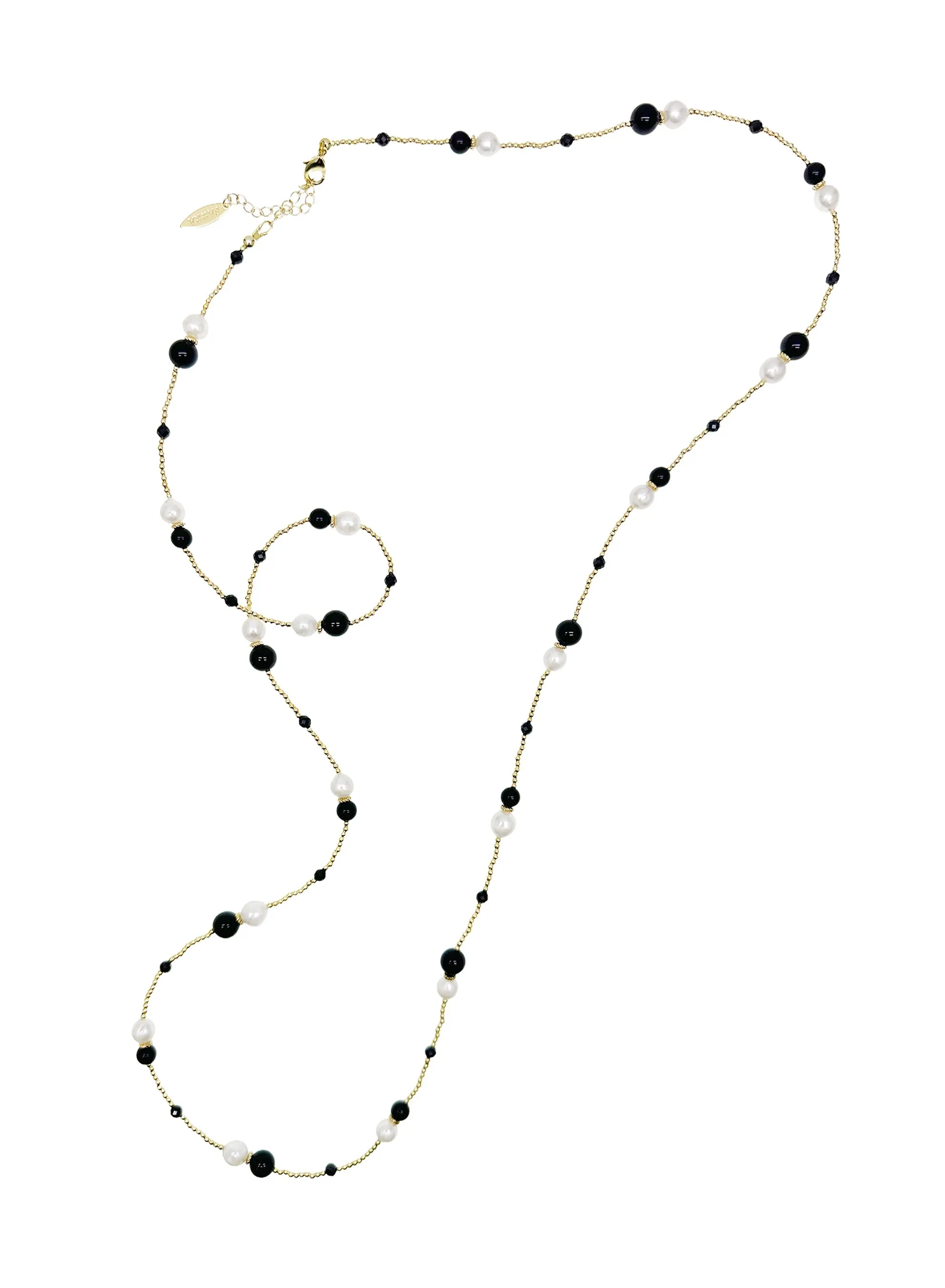 Black Obsidian With Freshwater Pearls Long Necklace LN074