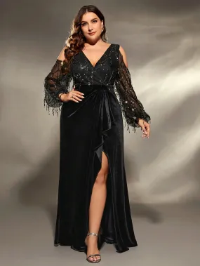 Black Plus Size V Neck Sequin Velvet Party Dress