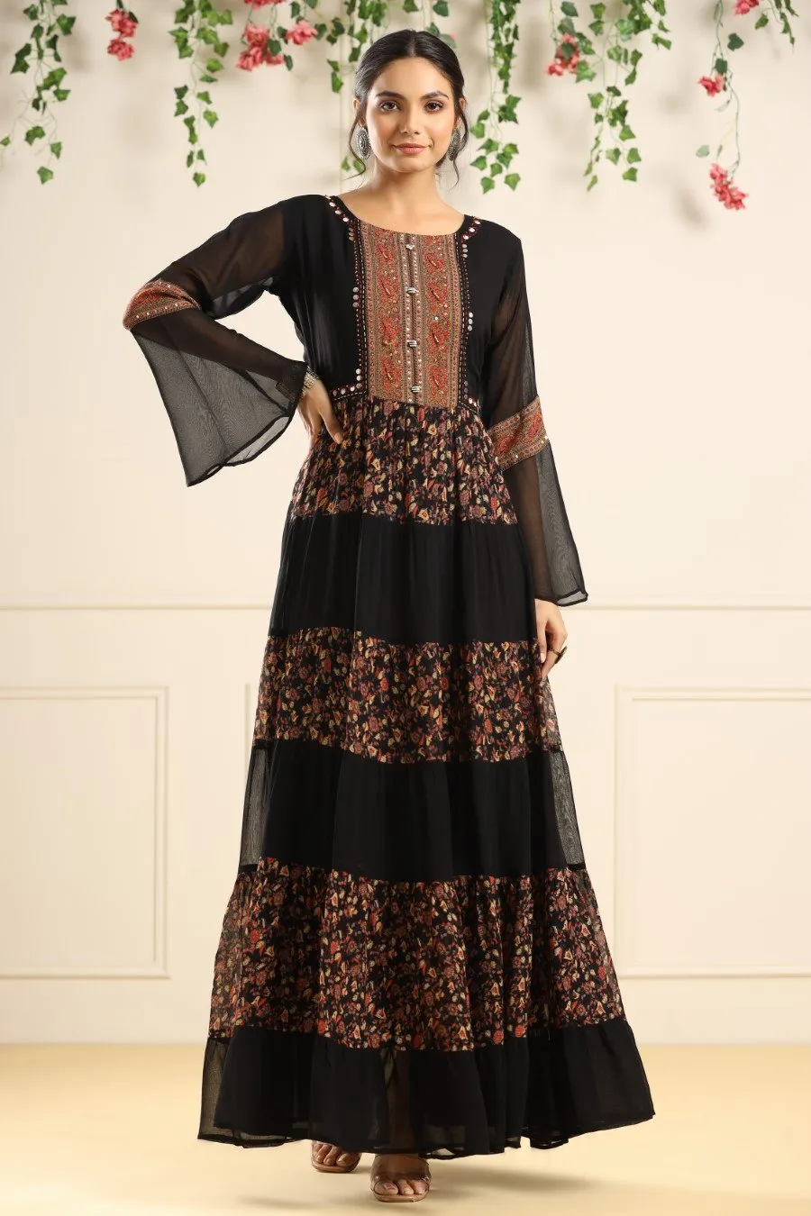 Black Printed Georgette Silk Tiered Dress