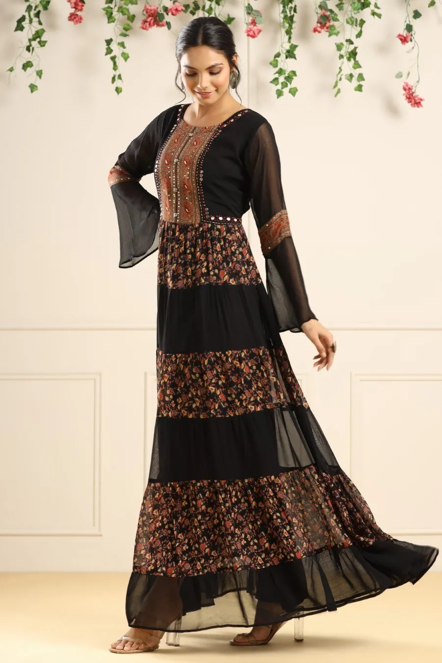 Black Printed Georgette Silk Tiered Dress