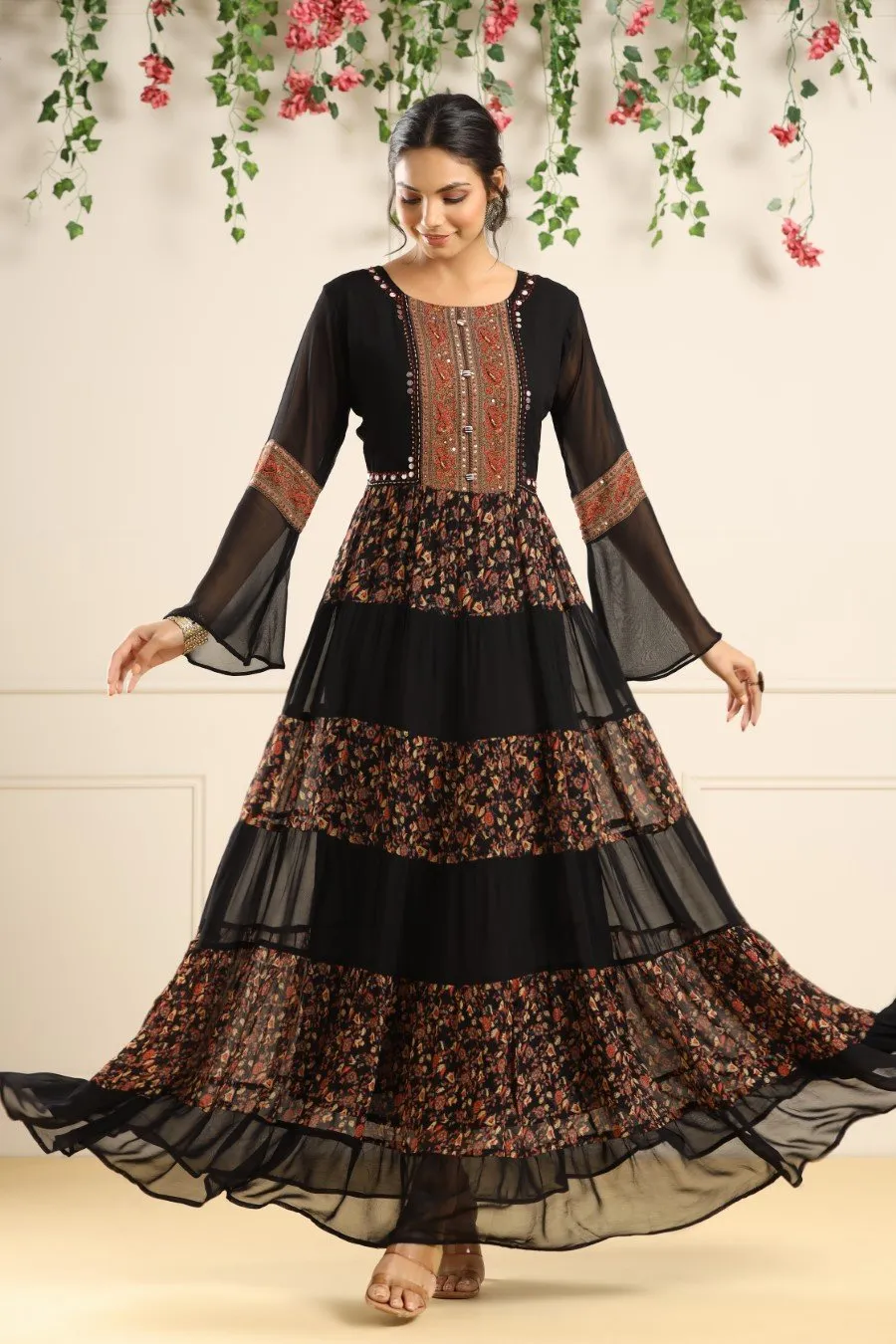 Black Printed Georgette Silk Tiered Dress