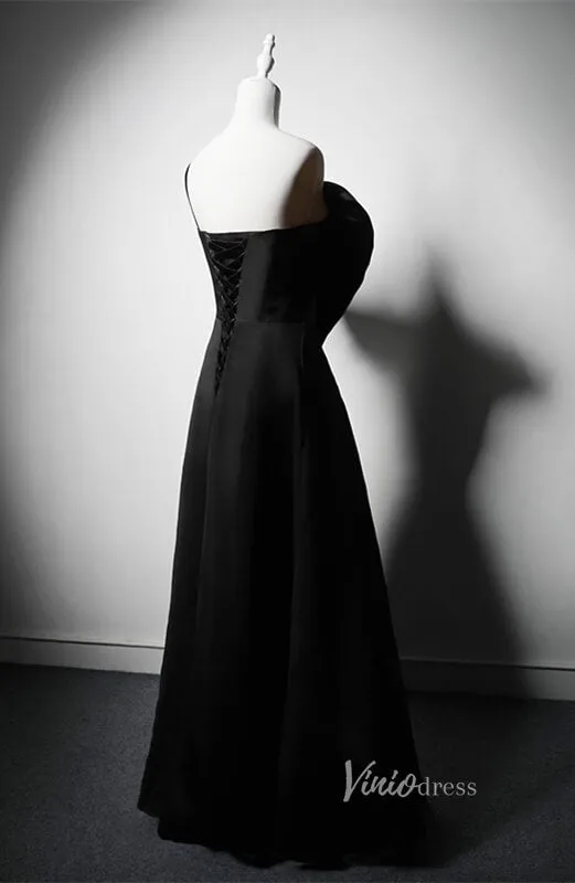 Black Satin Bow Tie Cheap Prom Dresses Strapless Formal Dress AD1218