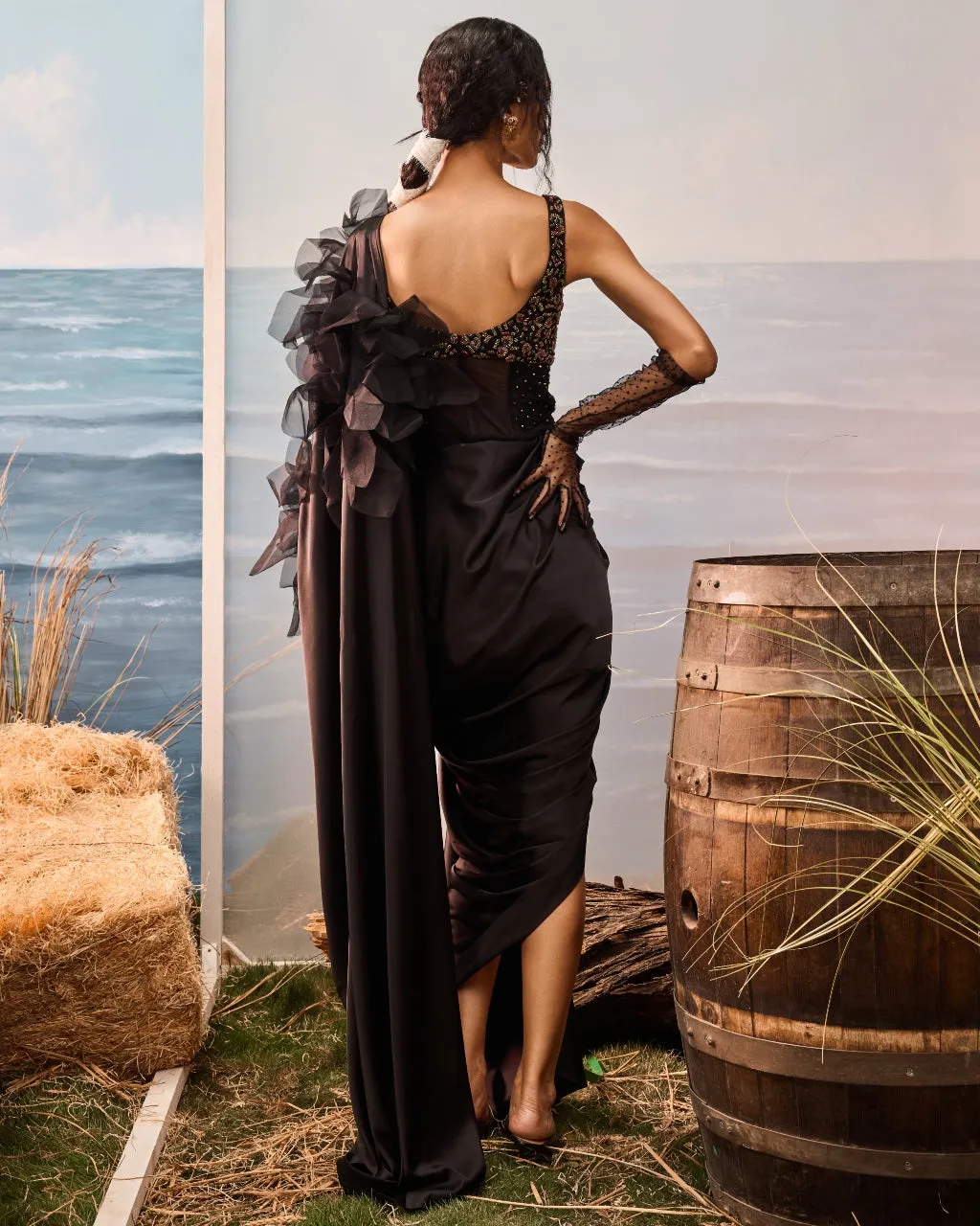 Black Satin Drape Sari Set