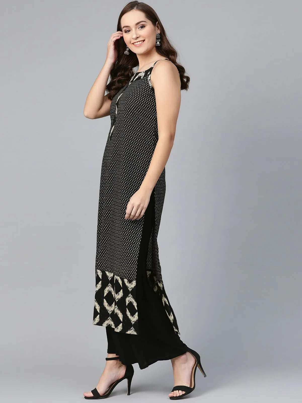 Black Sleeveless Printed Long Kurta