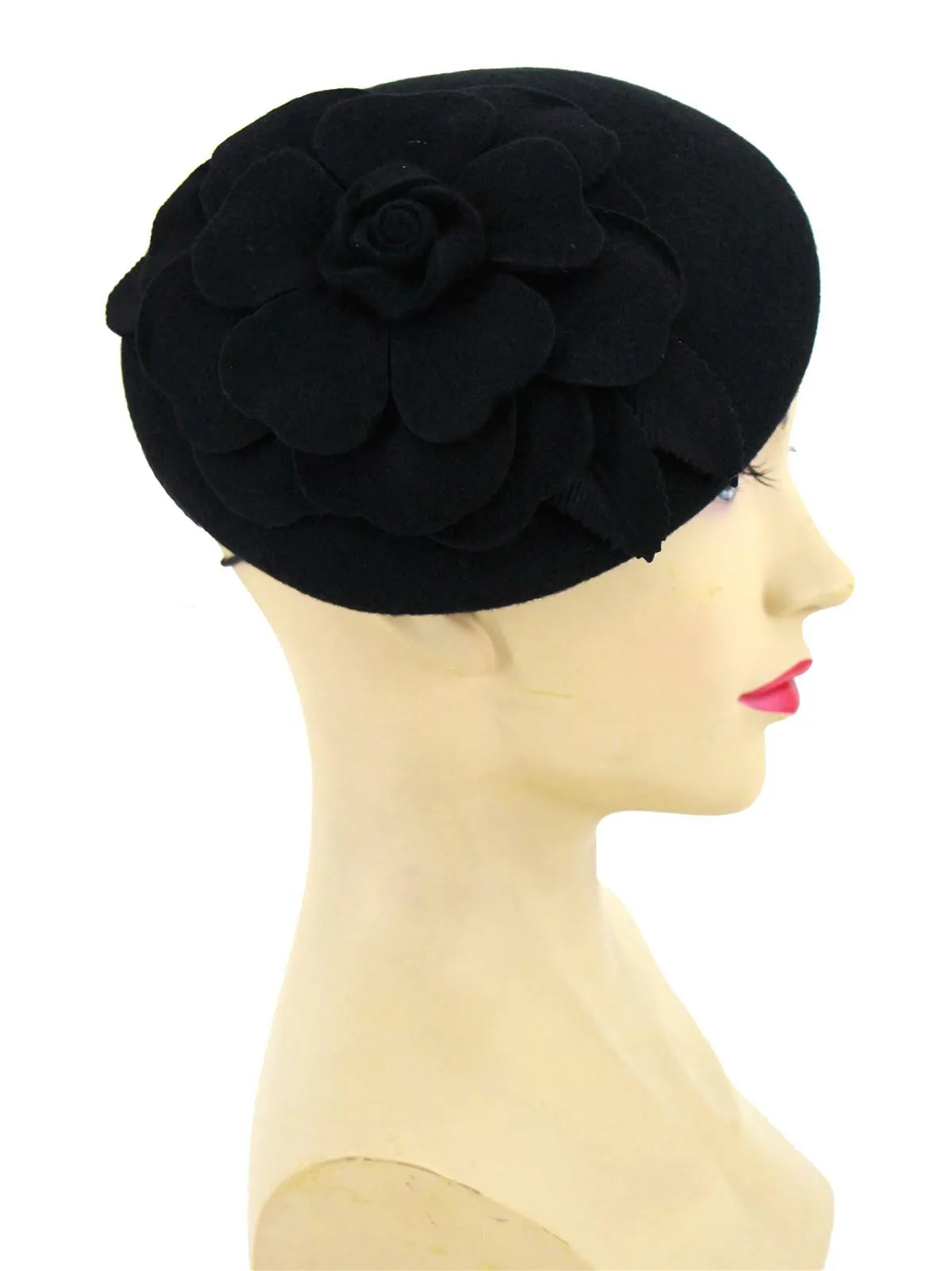 Black Vintage Style Felt Flower Button Hat