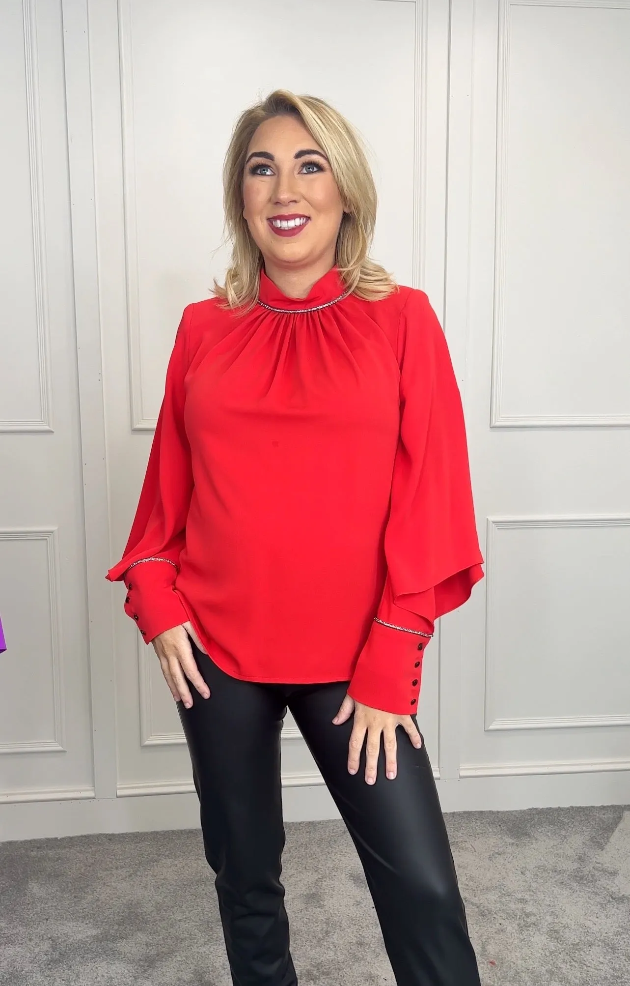 Blouse with rhinestones and sleeve openings- Red