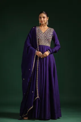 Blue Embellished Raw Silk Anarkali Set