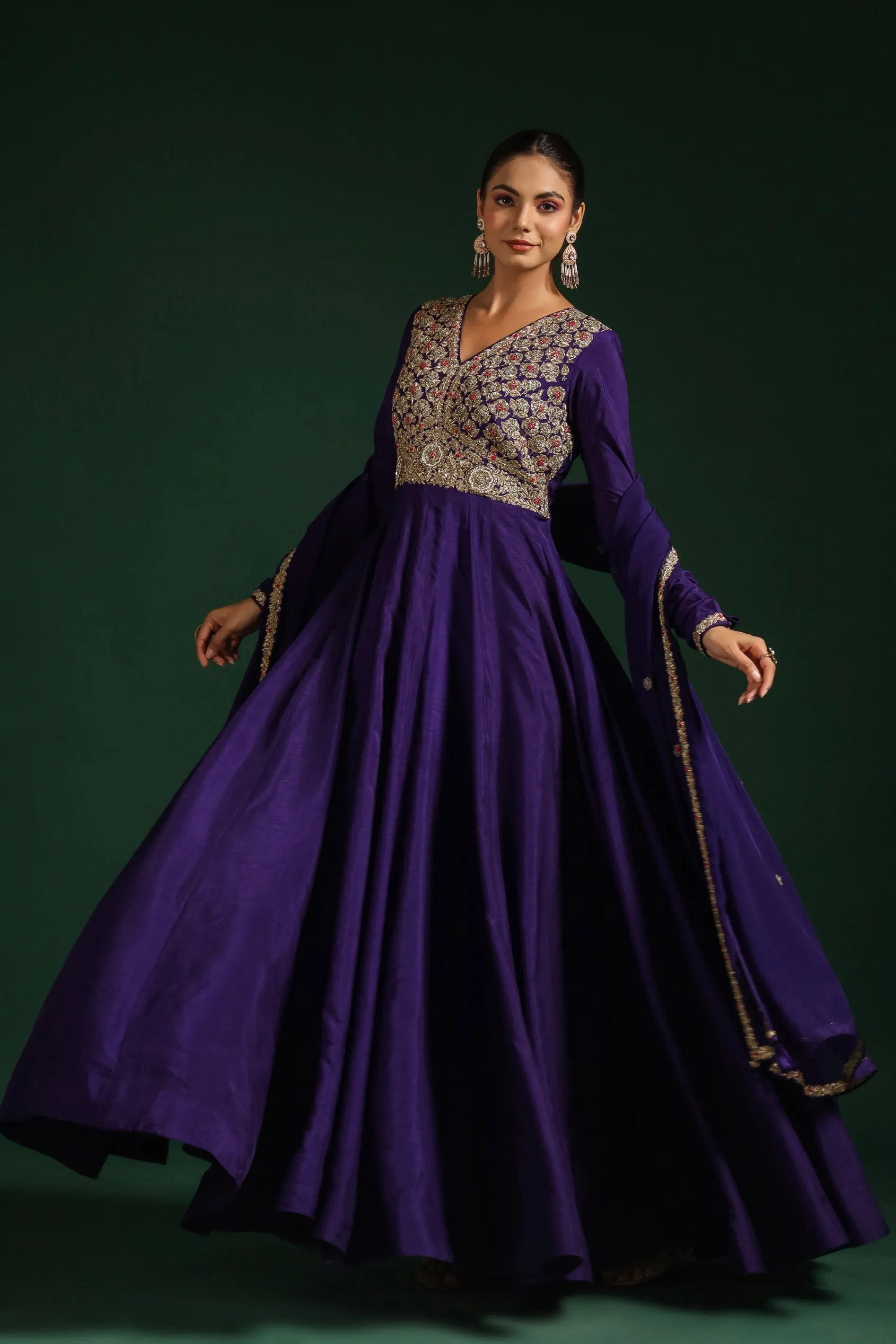 Blue Embellished Raw Silk Anarkali Set