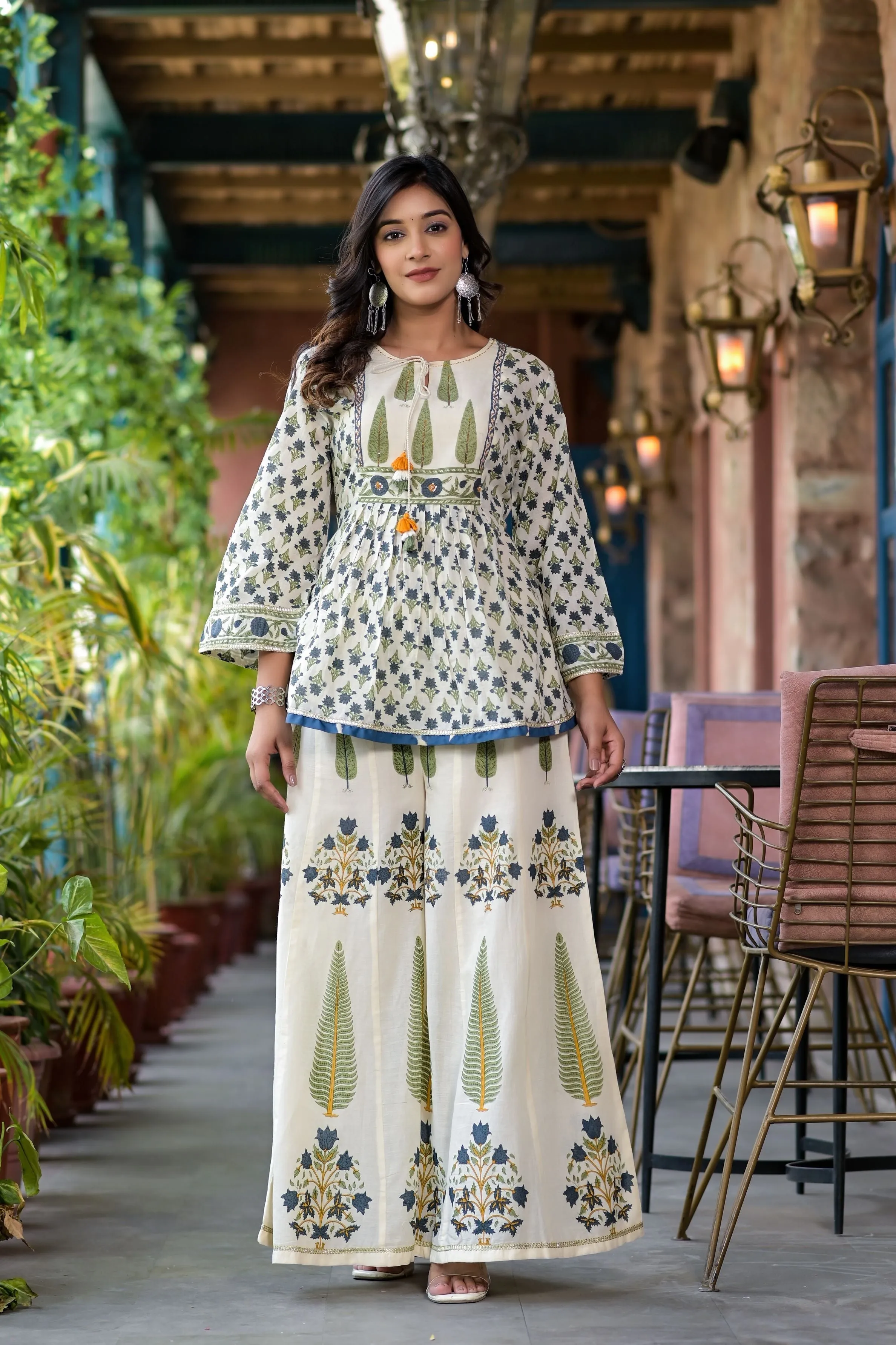 Blue Traditional Printed Premium Cotton Palazzo Set