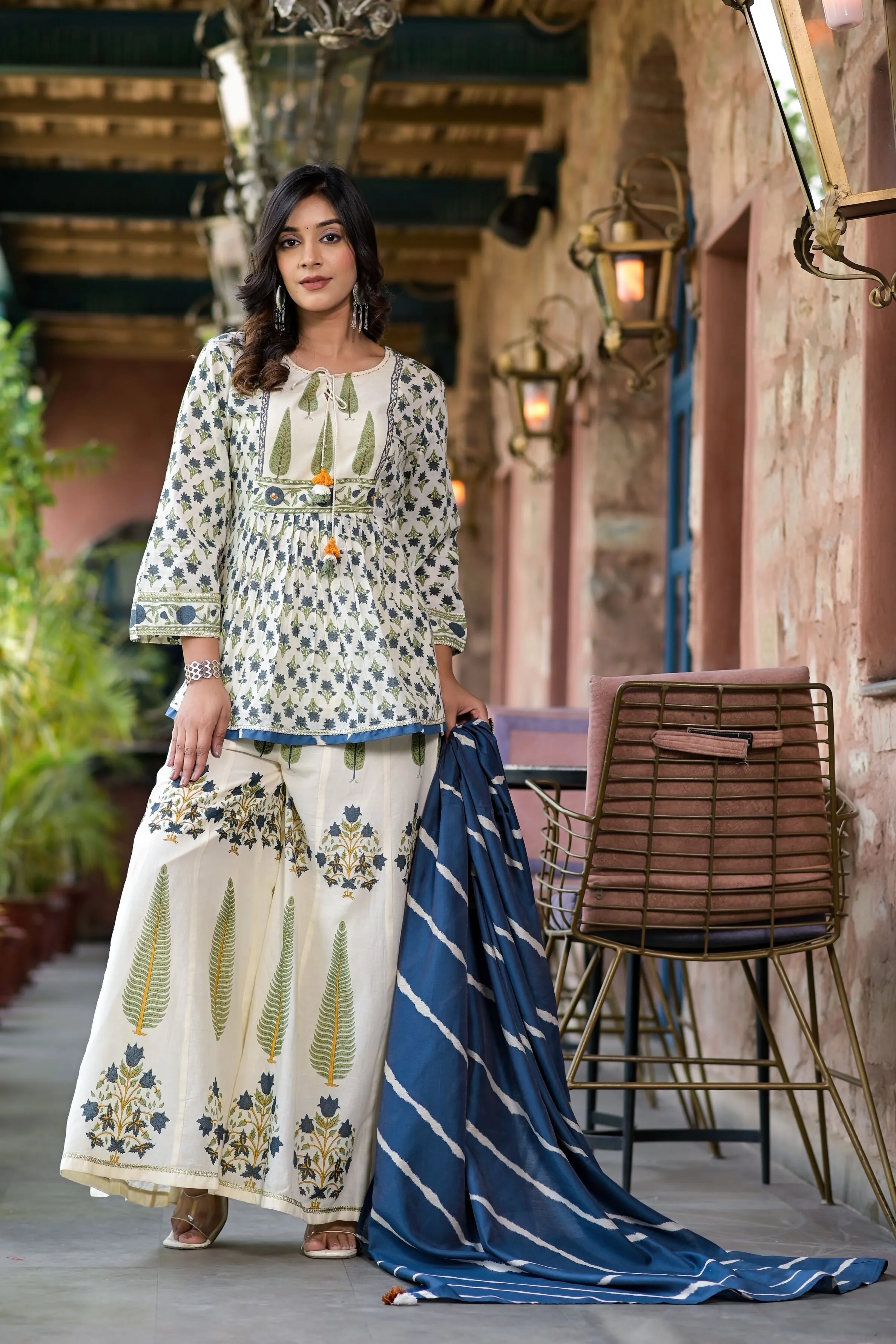 Blue Traditional Printed Premium Cotton Palazzo Set