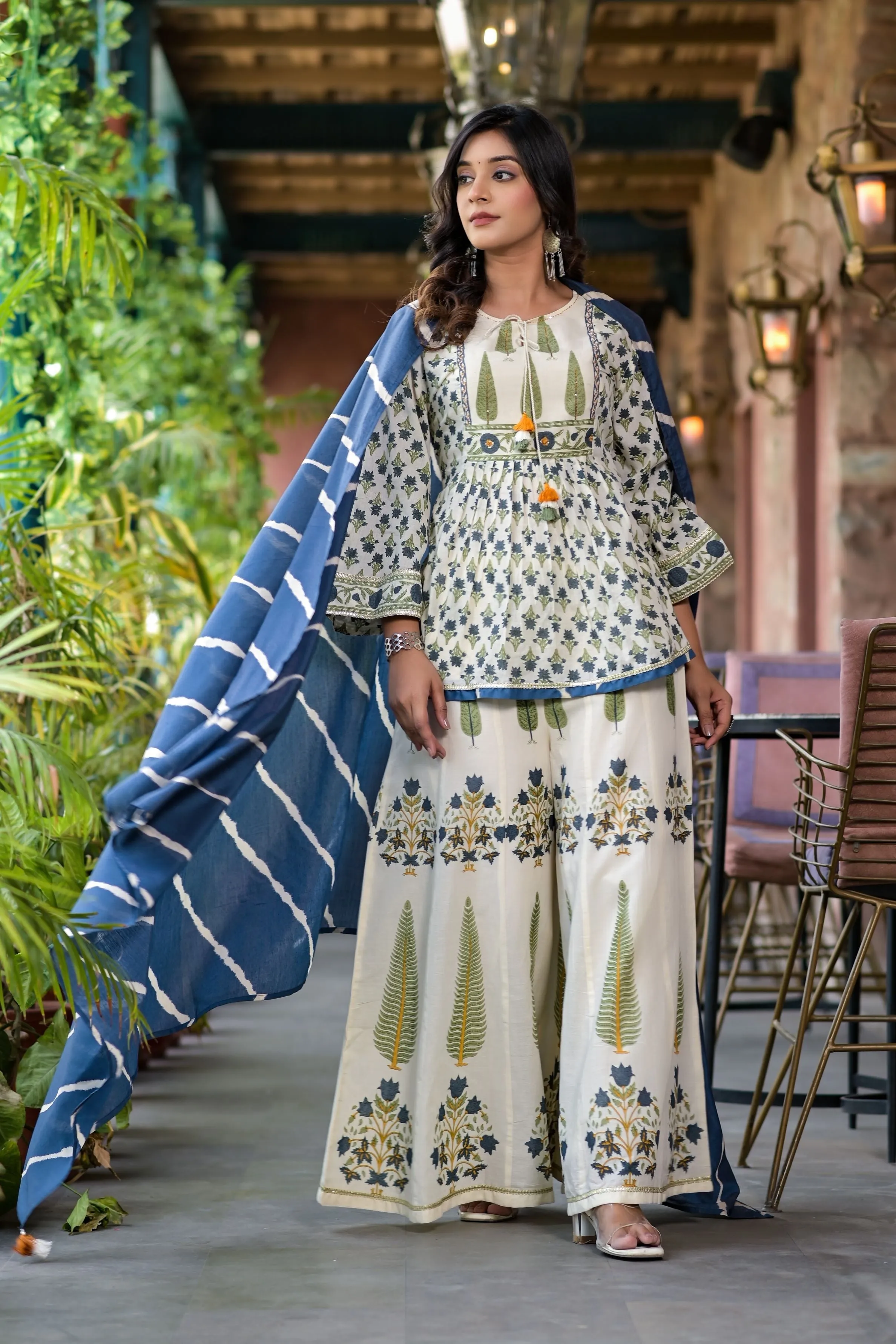 Blue Traditional Printed Premium Cotton Palazzo Set