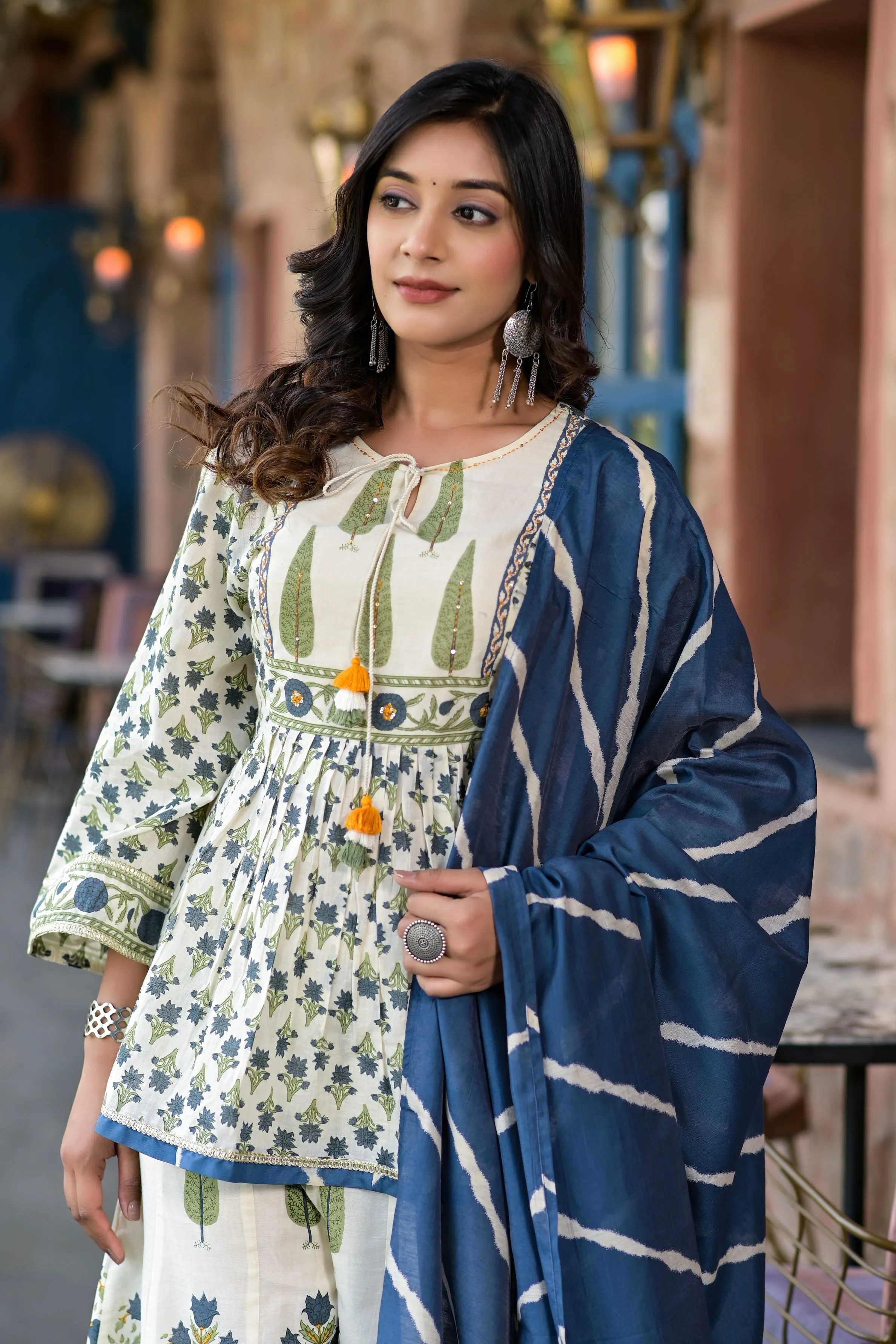 Blue Traditional Printed Premium Cotton Palazzo Set