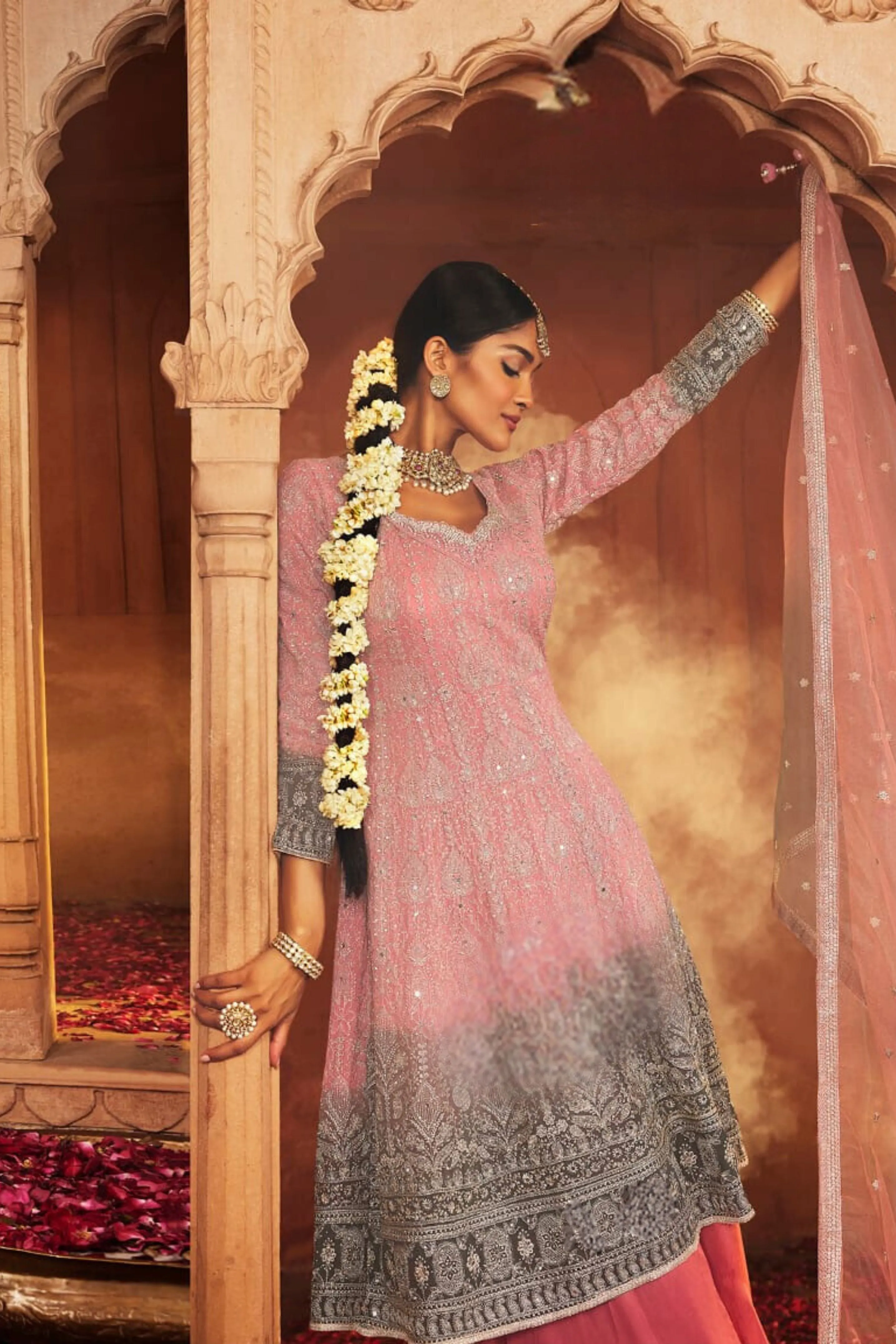 Blush Pink Embellished Vama Georgette Silk Palazzo Set