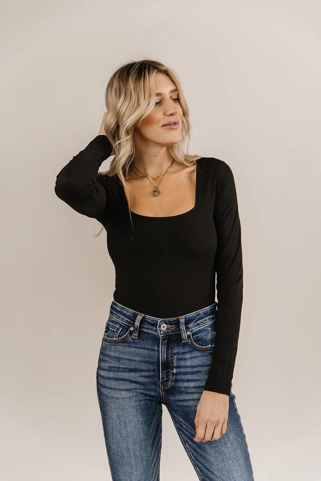 Bodysuit- Long Sleeve Square Neck- Black