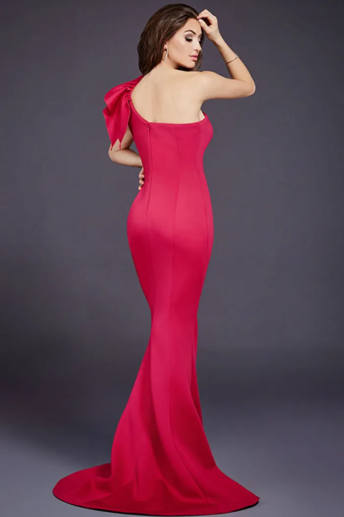 Bow Accented Asymmetrical Mermaid Gown