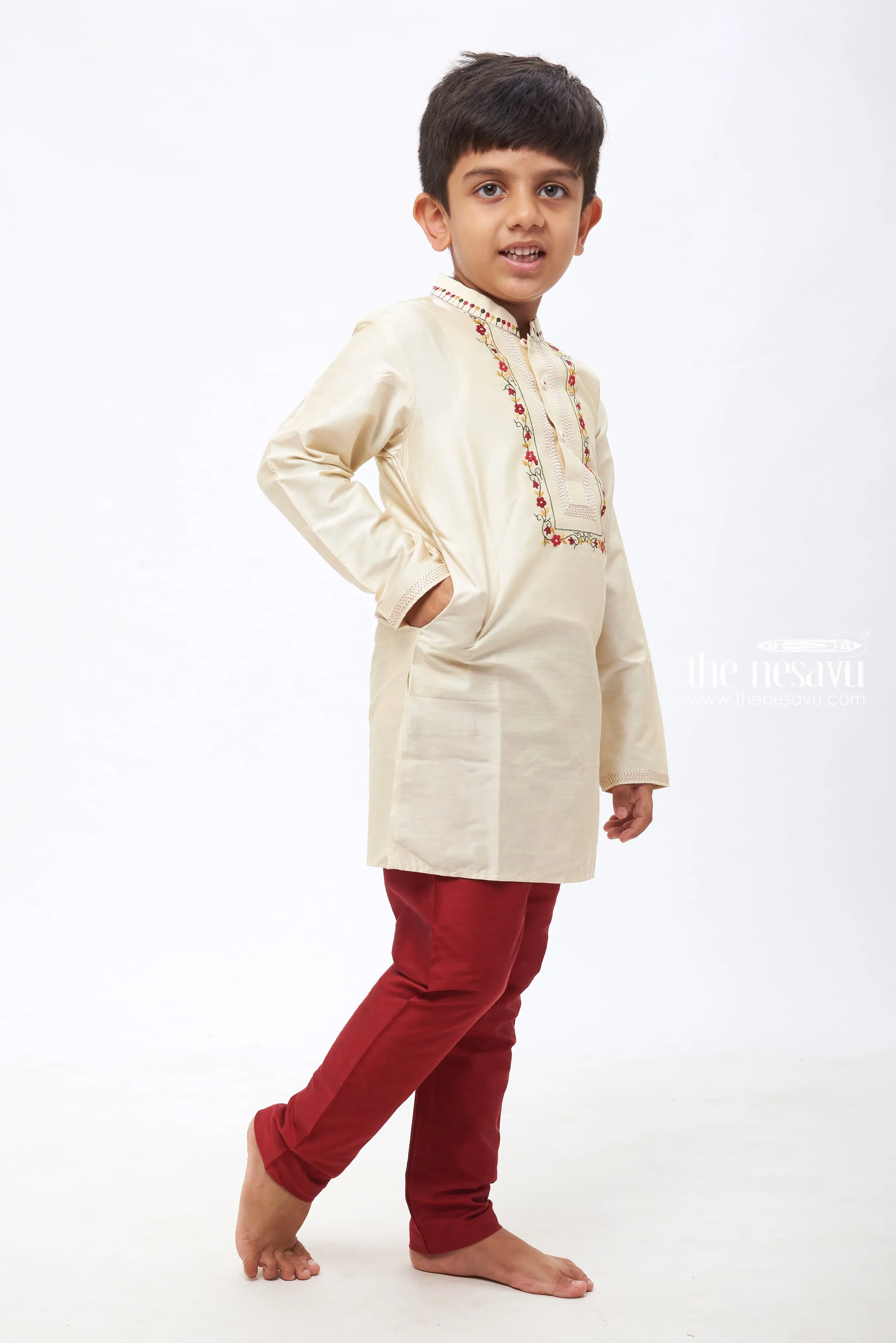 Boys' Elegant Cream Kurta with Rich Maroon Pants - Classic Ethnic Set