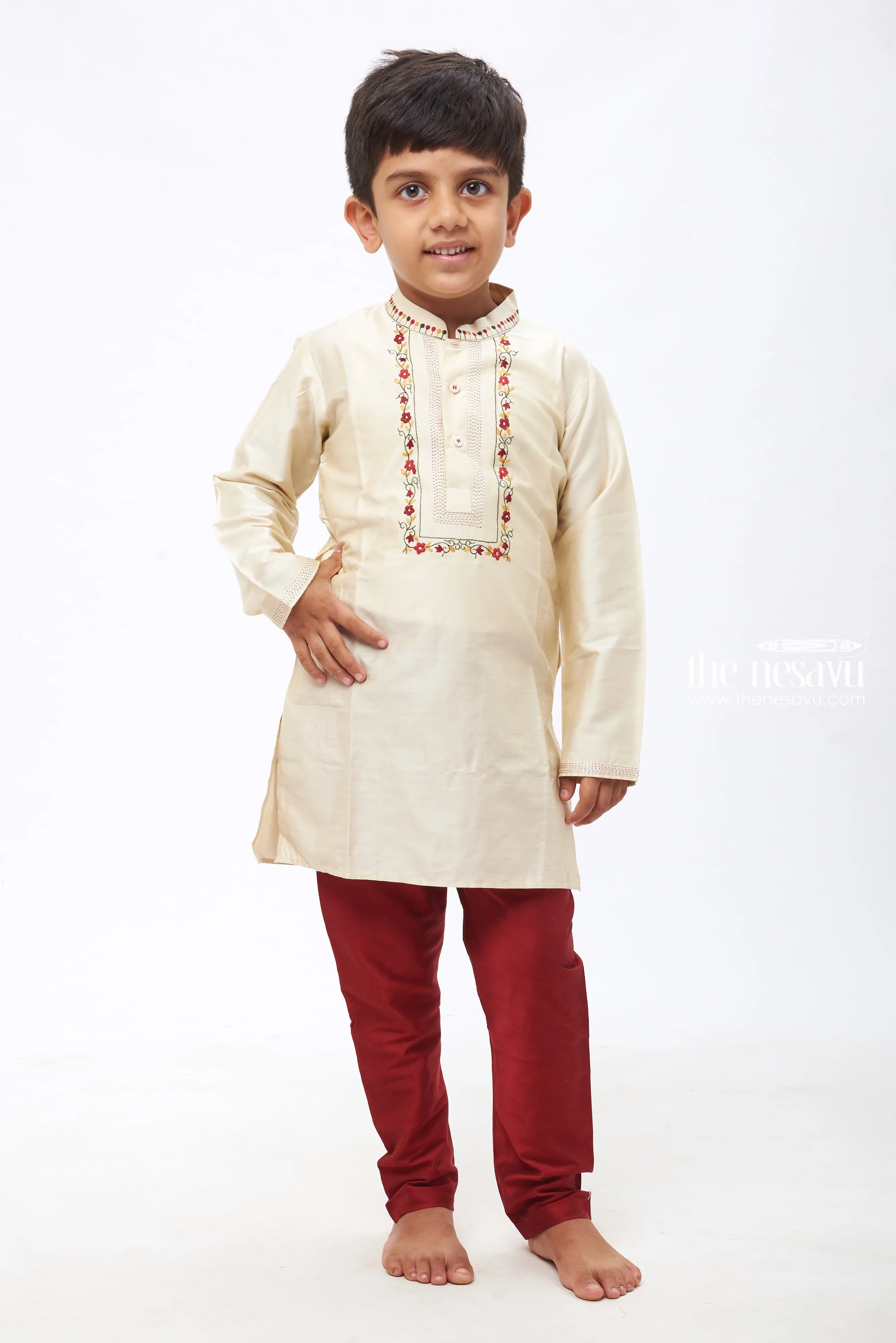 Boys' Elegant Cream Kurta with Rich Maroon Pants - Classic Ethnic Set