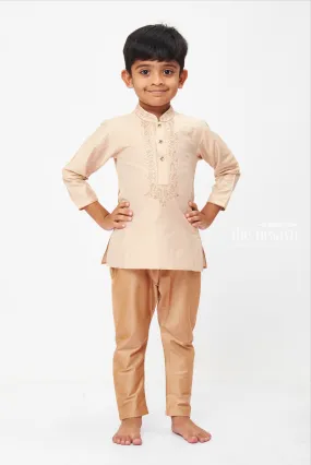 Boys Traditional Beige Embroidered Kurta with Velvet Pants Set - Perfect for Formal Occasions