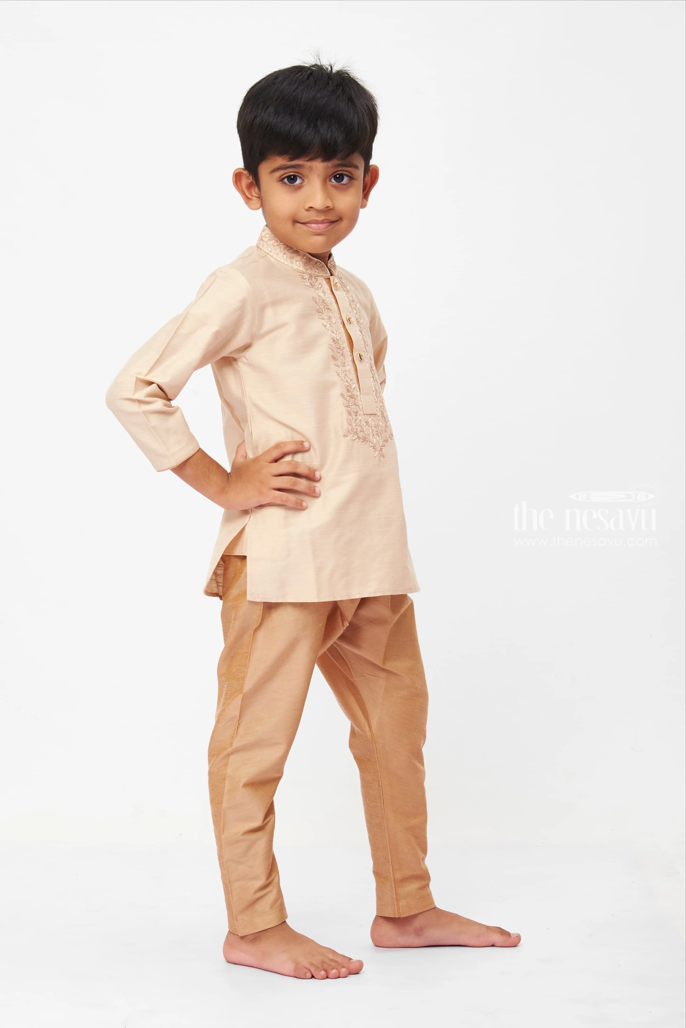 Boys Traditional Beige Embroidered Kurta with Velvet Pants Set - Perfect for Formal Occasions