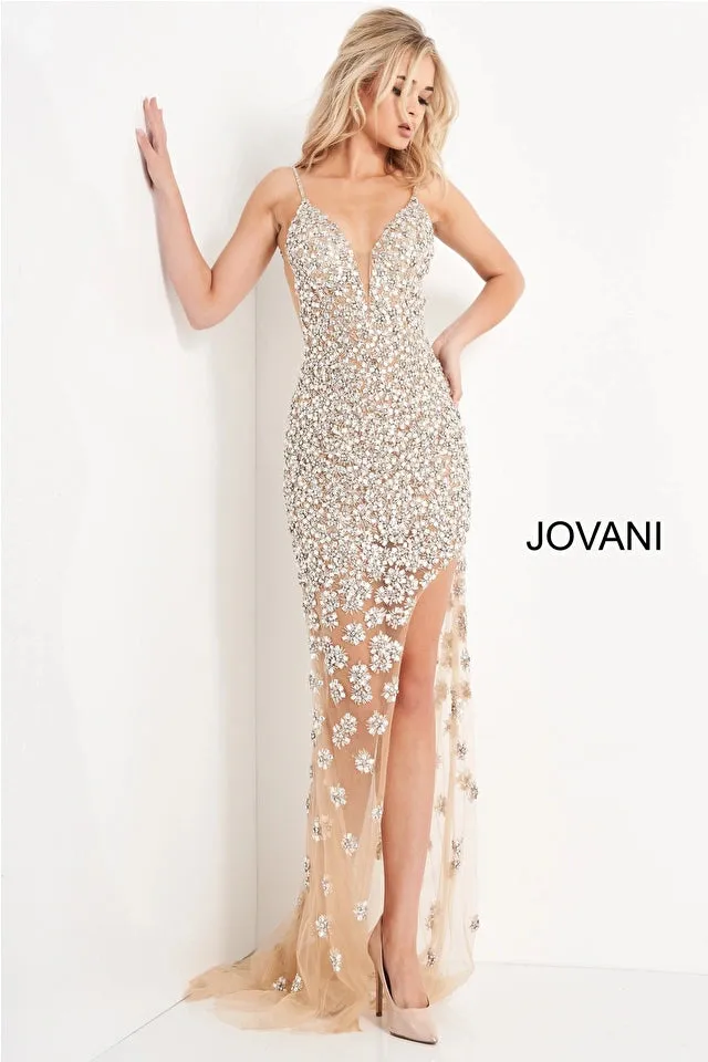 Brielle | Nude Beaded High Slit Gown | Jovani 02492