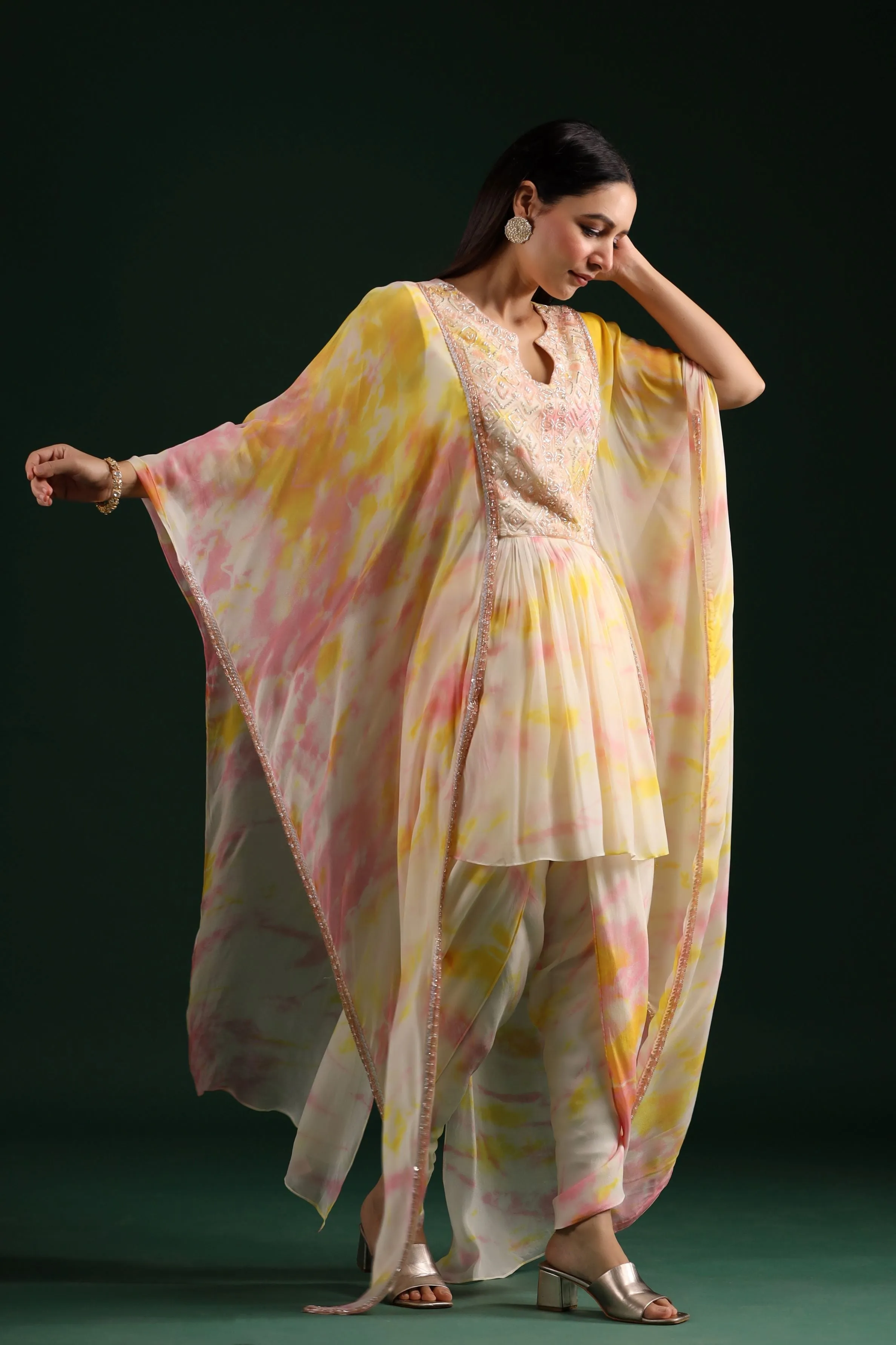 Bright Cream Tie Dye Printed Dhoti Pants Set