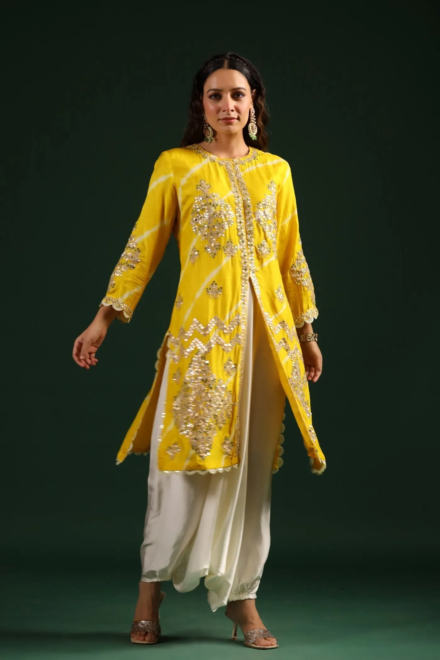 Bright Yellow Embellished Tunic With Contrast Harem Pants