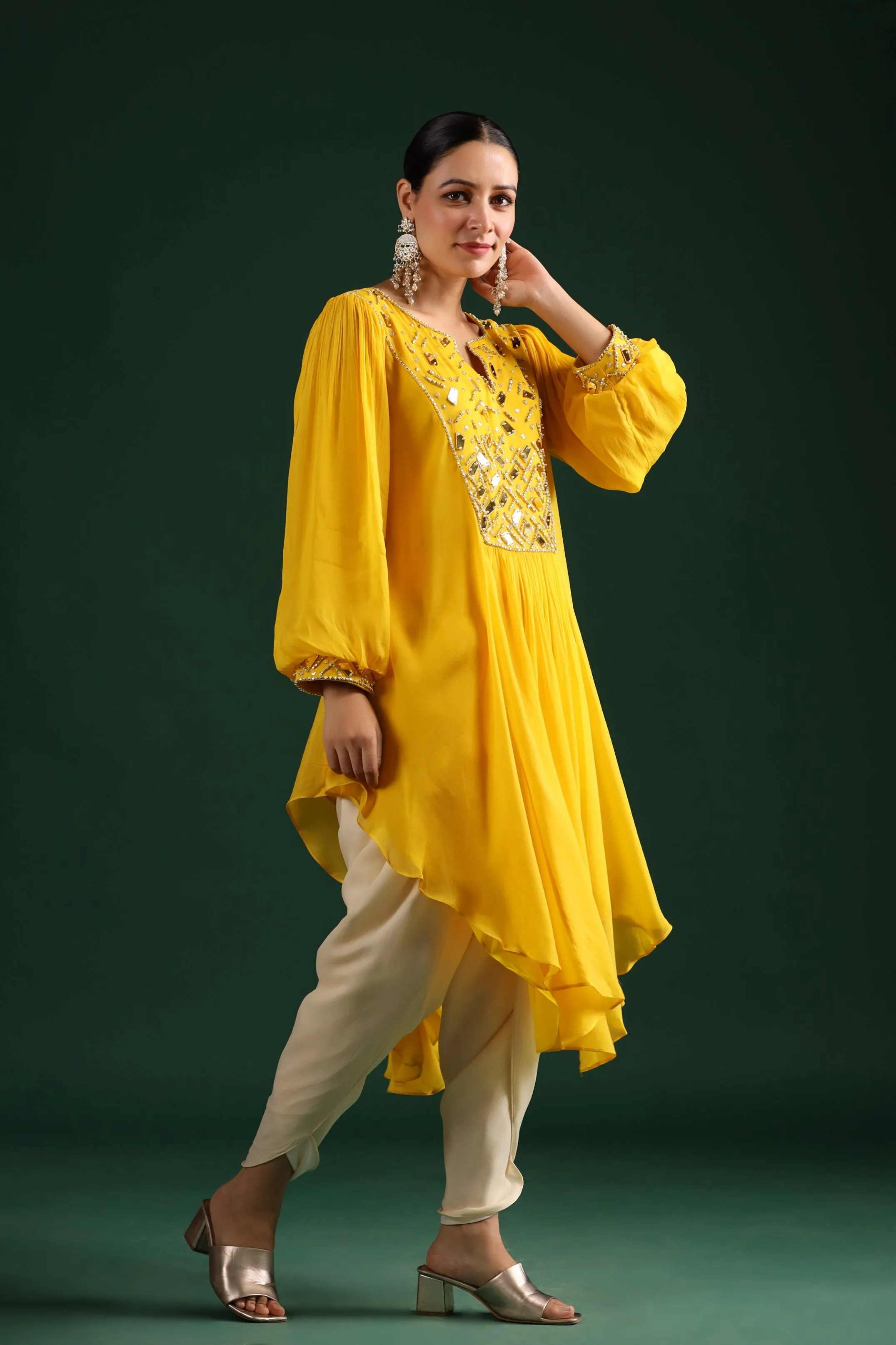 Bright Yellow Embellished Vama Georgette Dhoti Pants Set