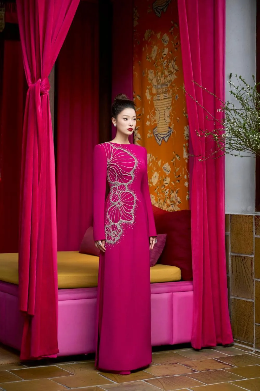 Brillz A-line Square Shoulder Velvet Satin Floor Length Ao Dai