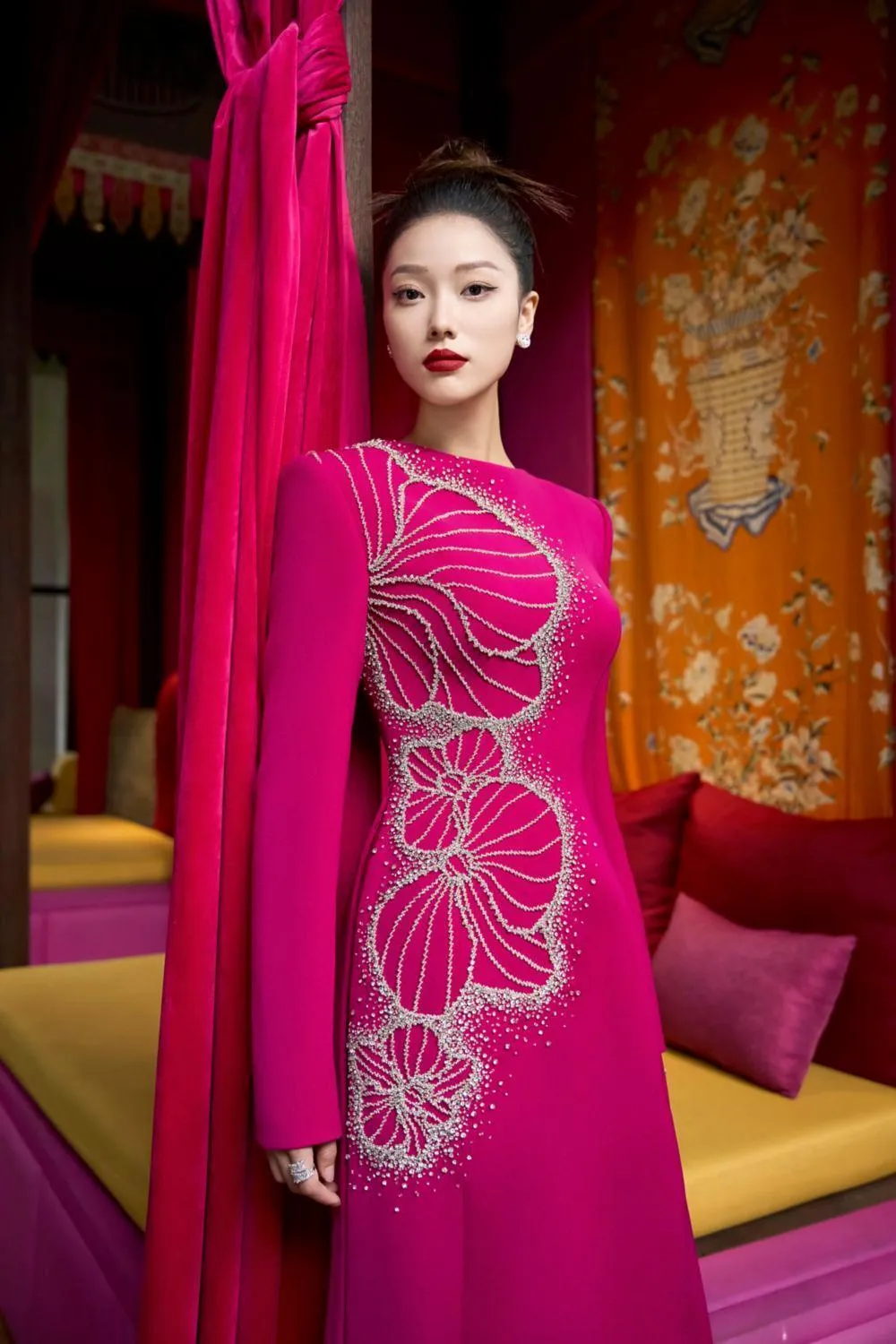 Brillz A-line Square Shoulder Velvet Satin Floor Length Ao Dai