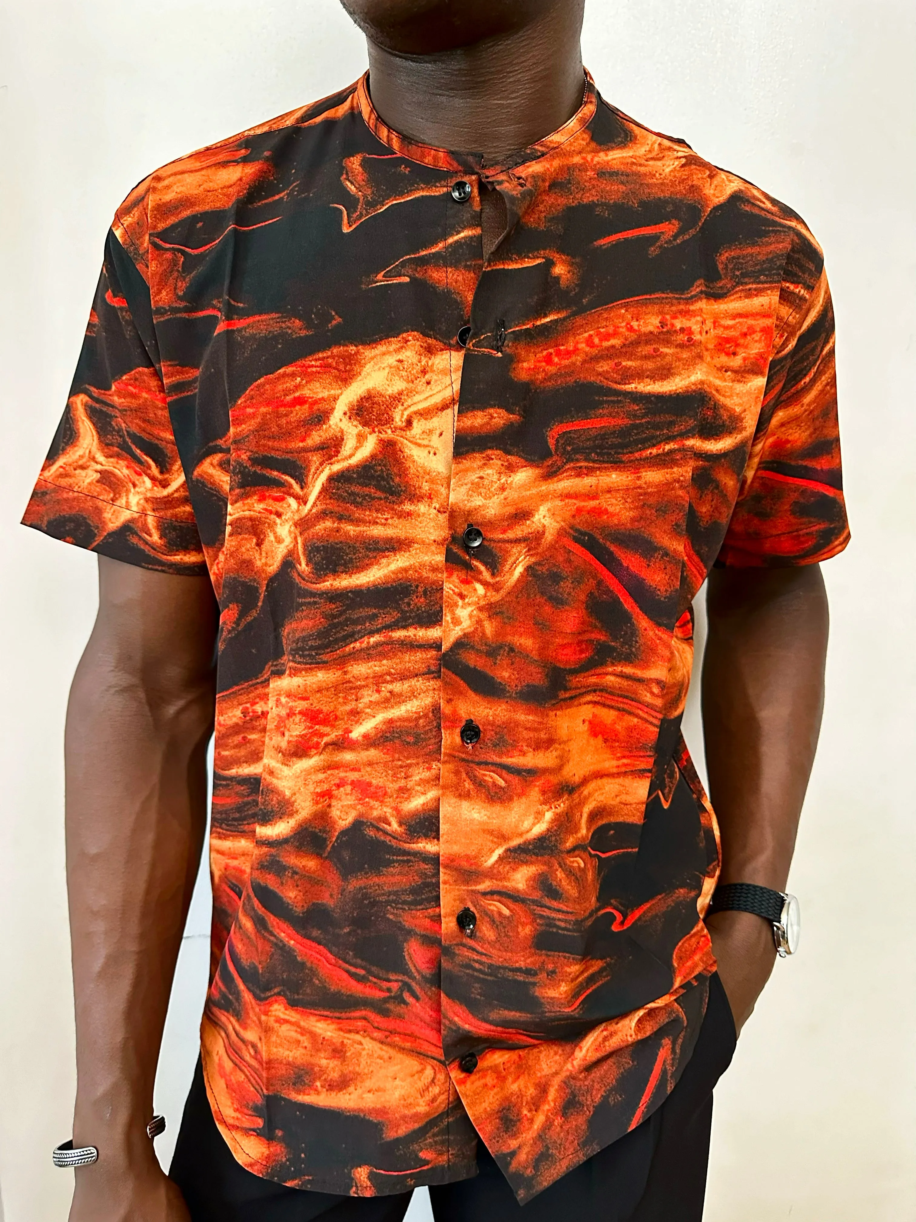 Caily Relaxed Flames Print Mandarin Collar Shirt