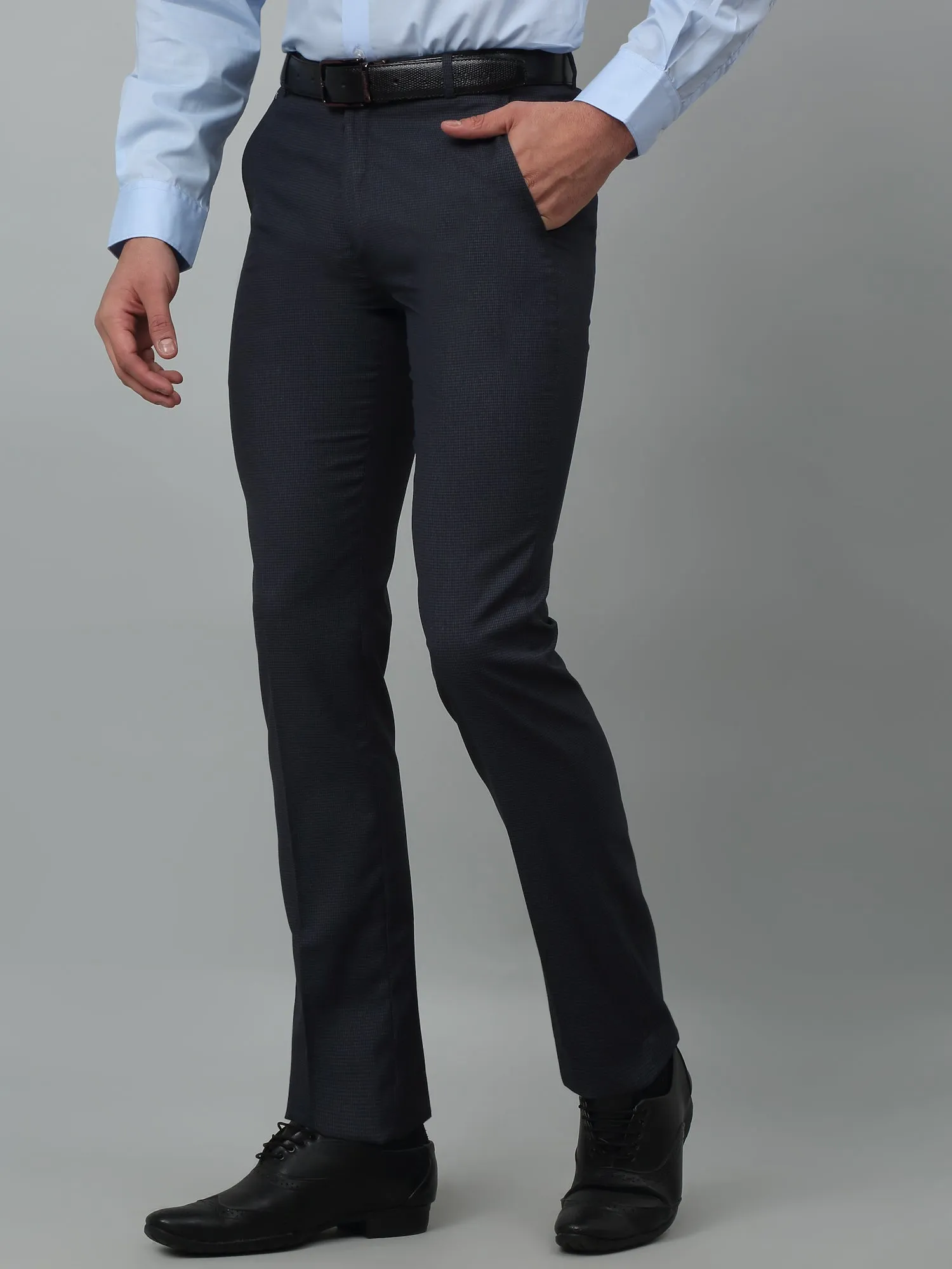 Cantabil Checkered Non Pleated Regular Fit Mid Rise Navy Formal Trousers for Men