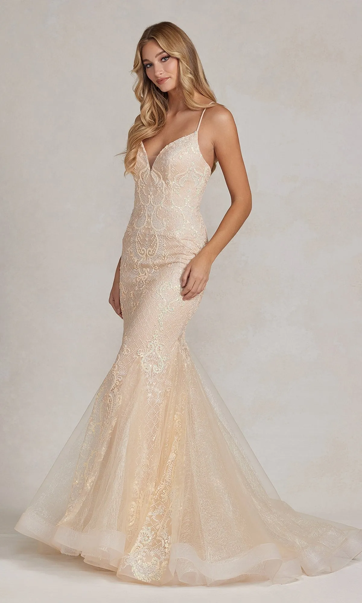 Champagne Long Lace Mermaid Formal Dress