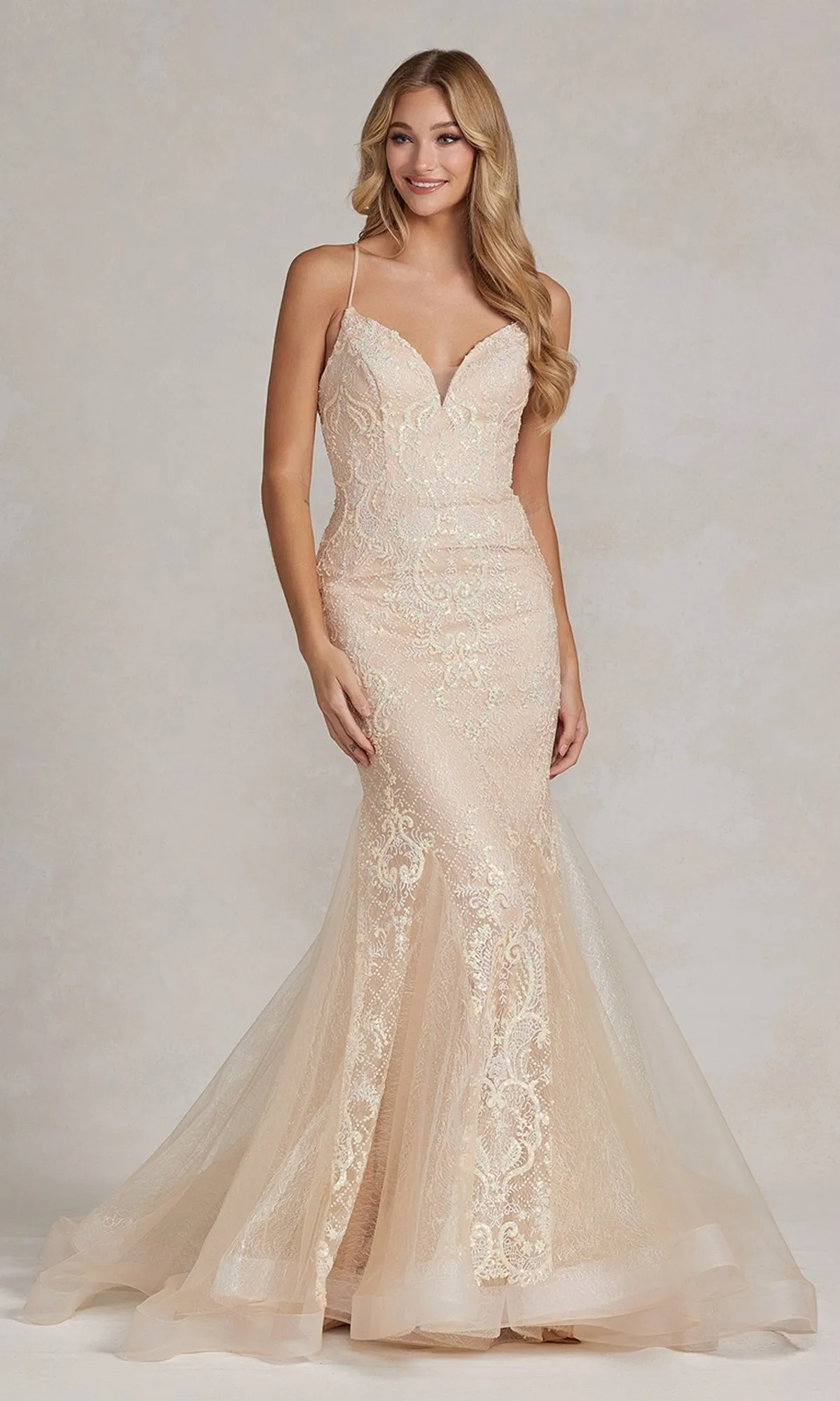 Champagne Long Lace Mermaid Formal Dress