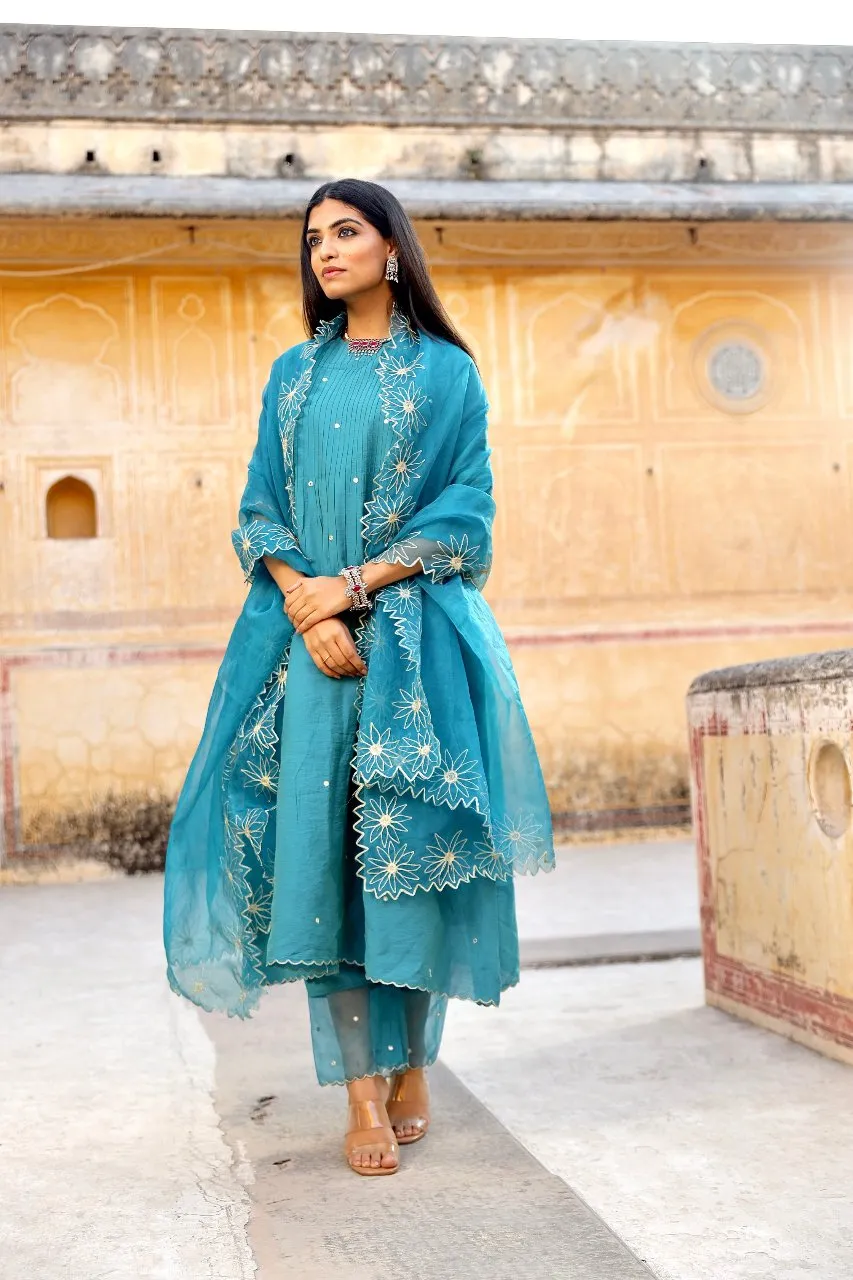 Chanderi pintuck mirror work A-line kurta set